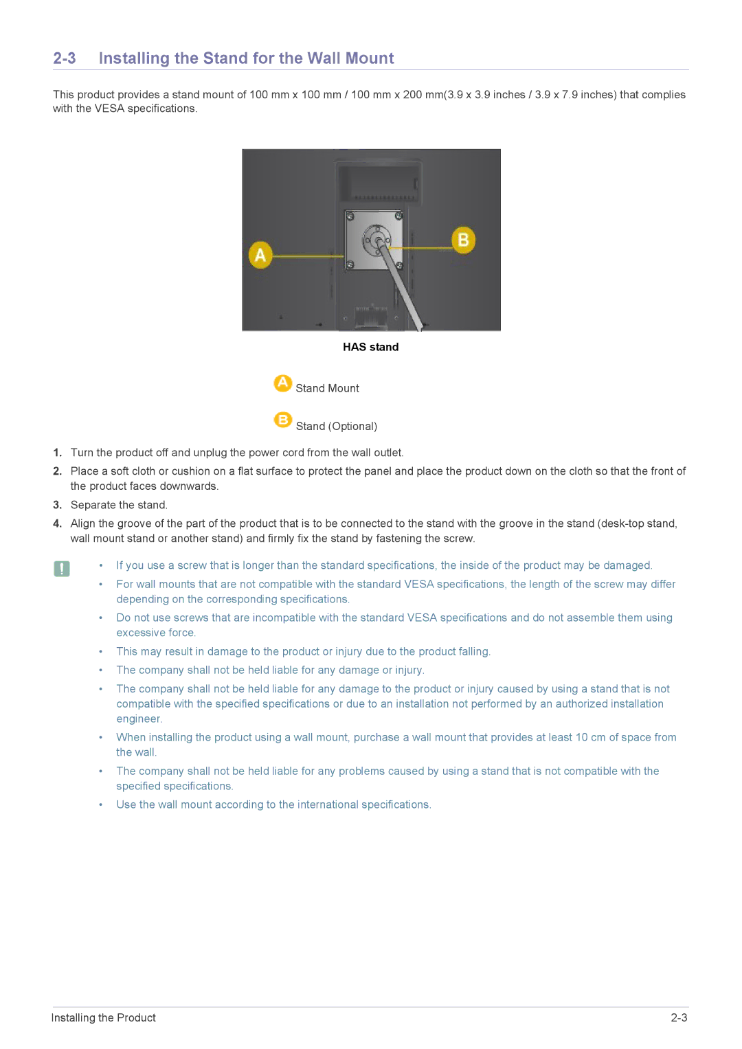 Samsung S22A450SW, S24A450MW, S24A450SW, S24A450BW1, S22A450MW Installing the Stand for the Wall Mount, Has stand 