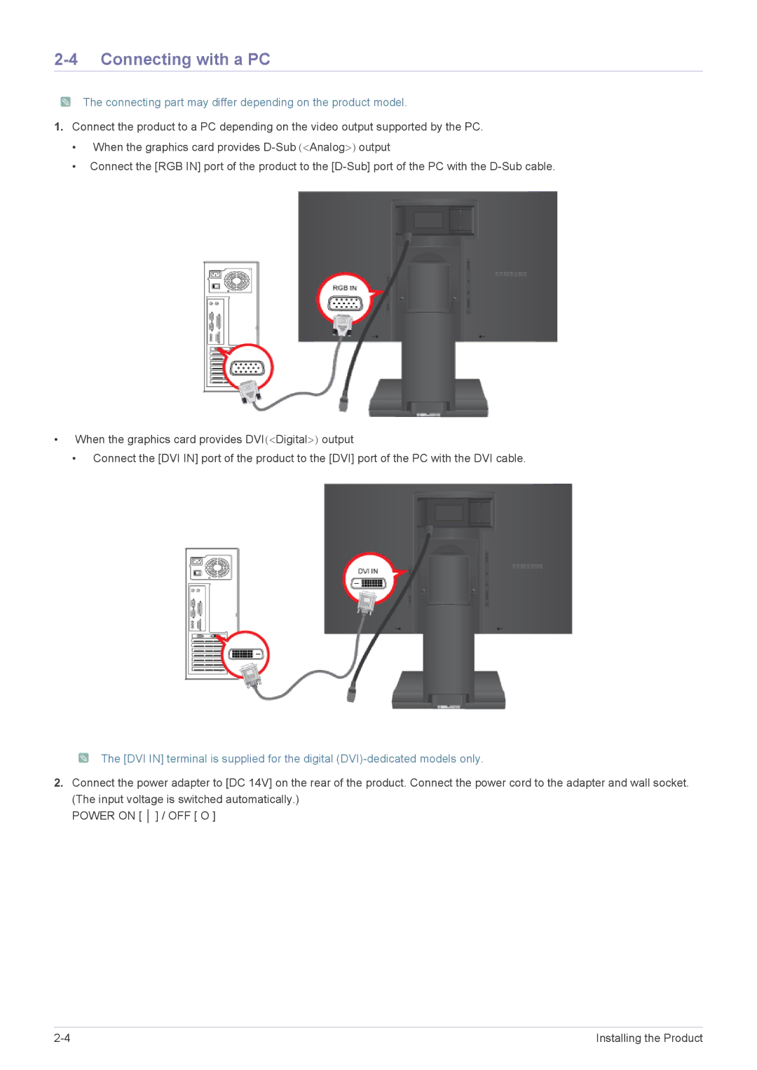 Samsung S24A450MW, S22A450SW, S24A450B Connecting with a PC, Connecting part may differ depending on the product model 