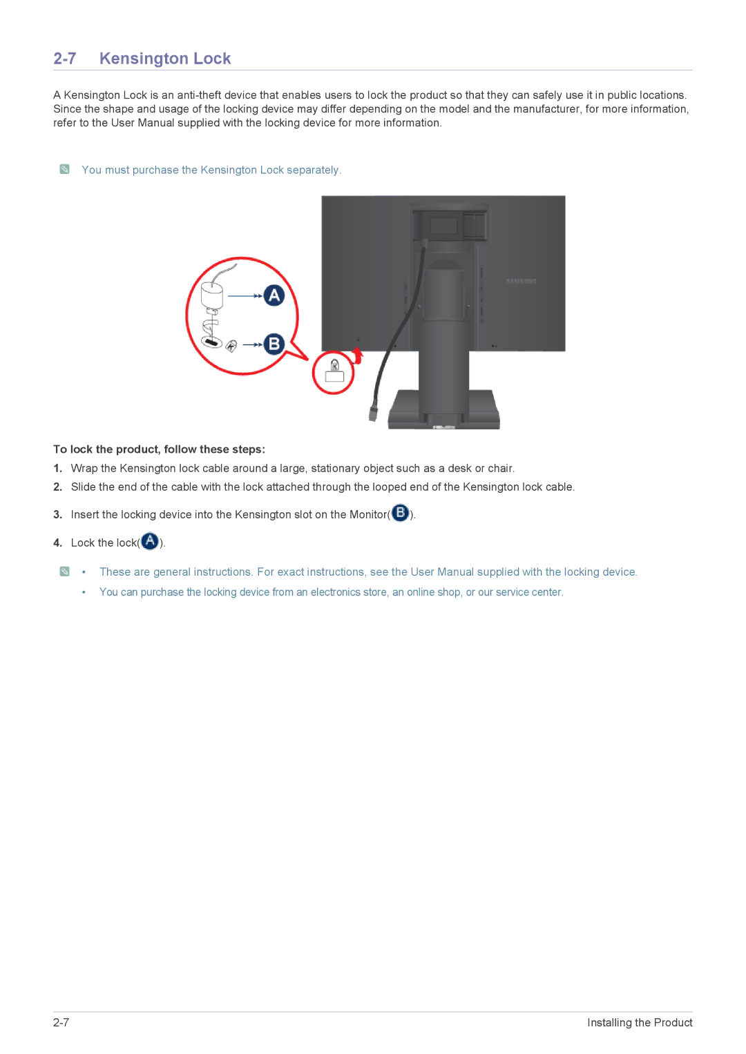 Samsung S22A450SW, S24A450MW, S24A450SW, S24A450BW1 Kensington Lock, To lock the product, follow these steps 