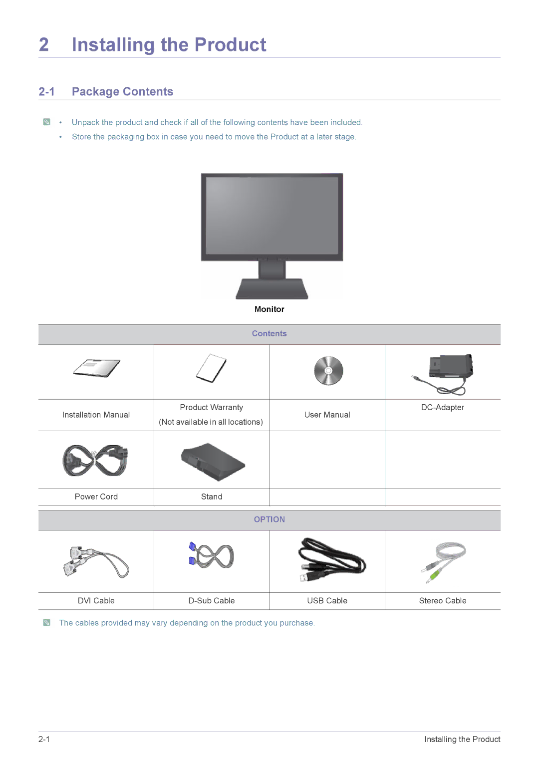 Samsung S19A450BW-1, S22A450SW, S24A450MW, S24A450BW, S24A450SW, S22A450MW Installing the Product, Package Contents 