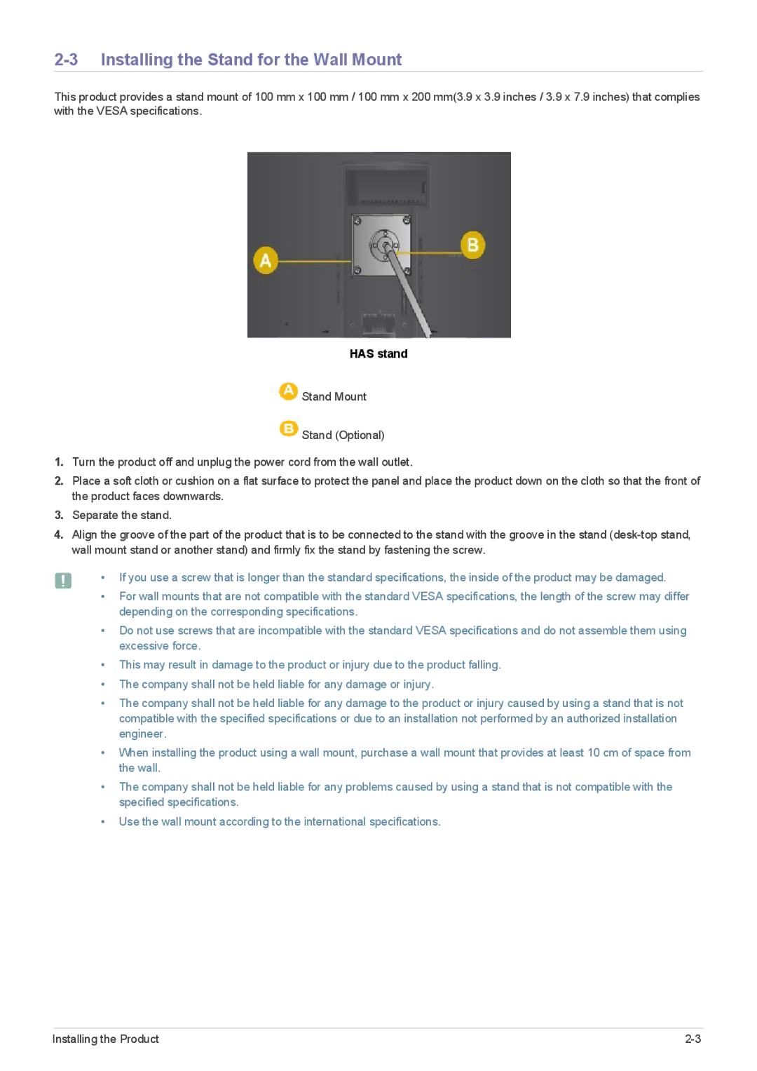 Samsung S24A450BW-1, S22A450SW, S24A450MW, S24A450SW, S22A450MW Installing the Stand for the Wall Mount, Has stand 