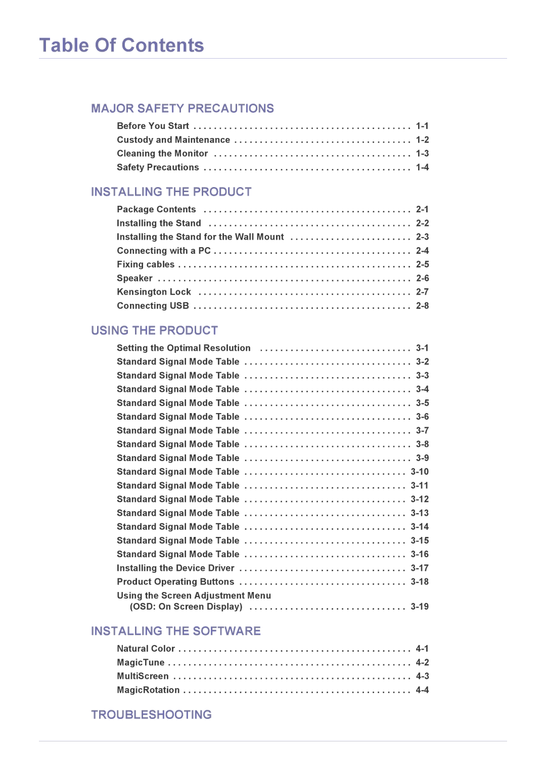 Samsung S22A450SW, S24A450MW, S24A450BW, S24A450SW, S22A450MW, S19A450SW, S19A450SR, S19A450MR Table Of Contents 