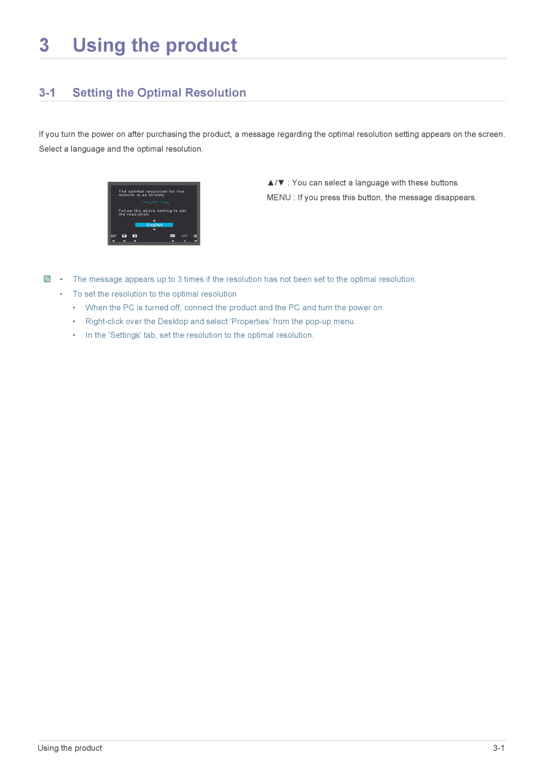 Samsung S22A450MW, S22A450SW, S24A450MW, S24A450BW, S24A450SW Using the product, Setting the Optimal Resolution 