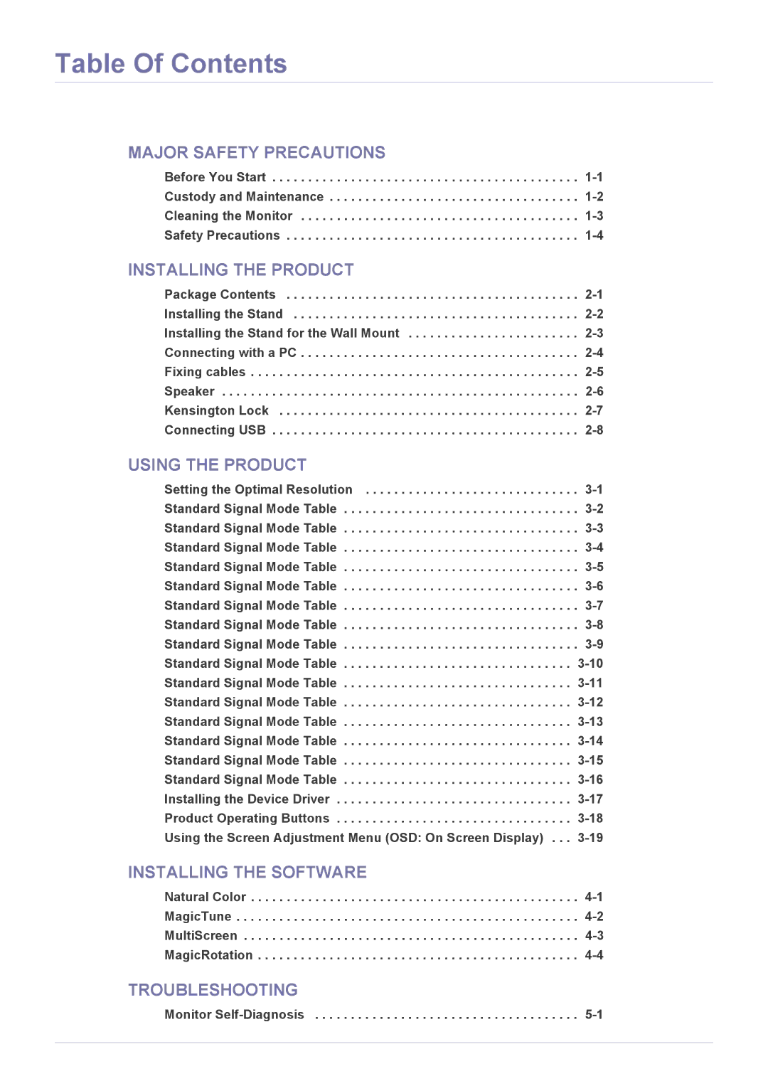 Samsung S22A450SW, S24A450MW, S24A450BW, S24A450SW, S22A450MW, S22A450BW, S19A450BW, S19A450SW Table Of Contents 