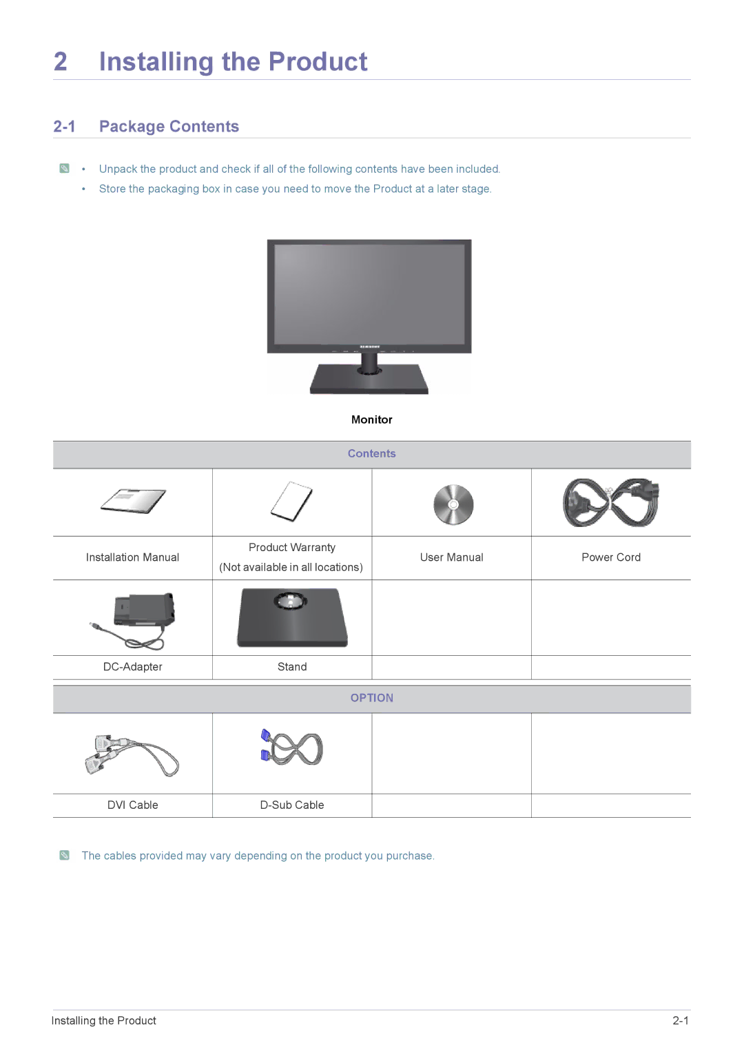 Samsung S22A460B user manual Installing the Product, Package Contents 