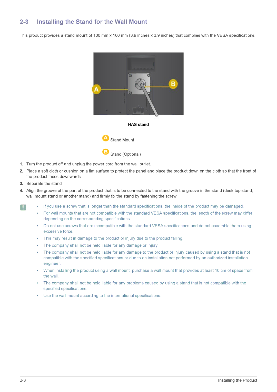 Samsung S22A460B user manual Installing the Stand for the Wall Mount, Has stand 