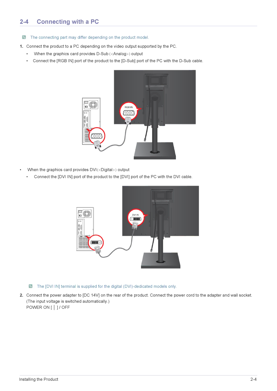 Samsung S22A460B user manual Connecting with a PC, Connecting part may differ depending on the product model 