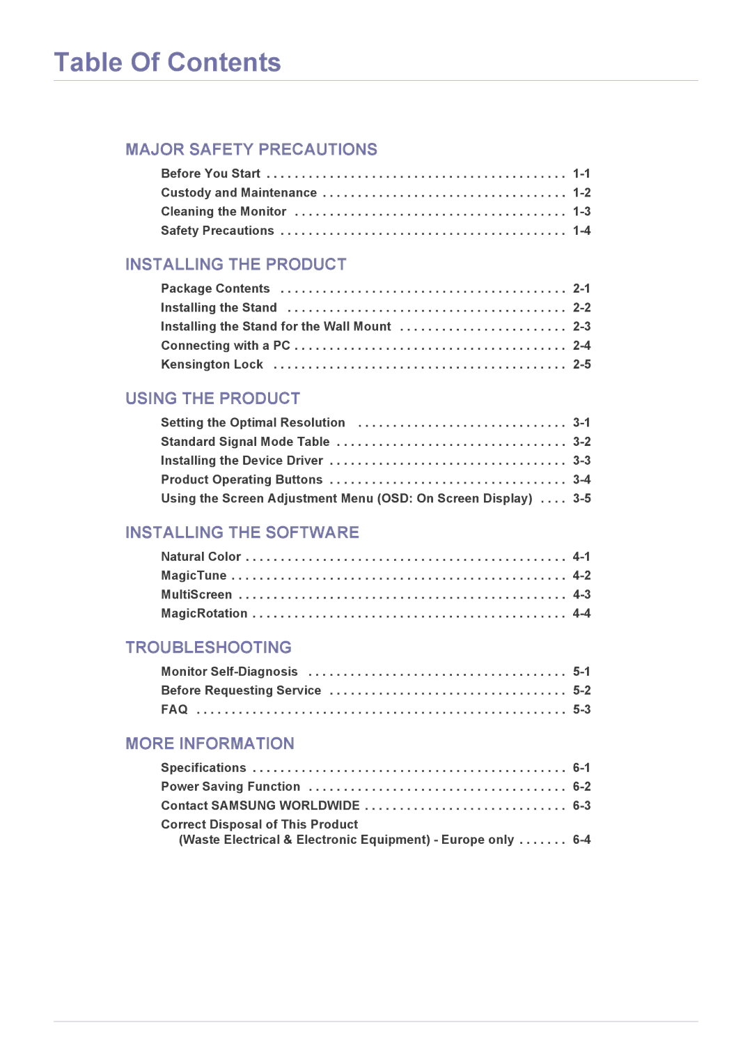 Samsung S22A460B user manual Table Of Contents 