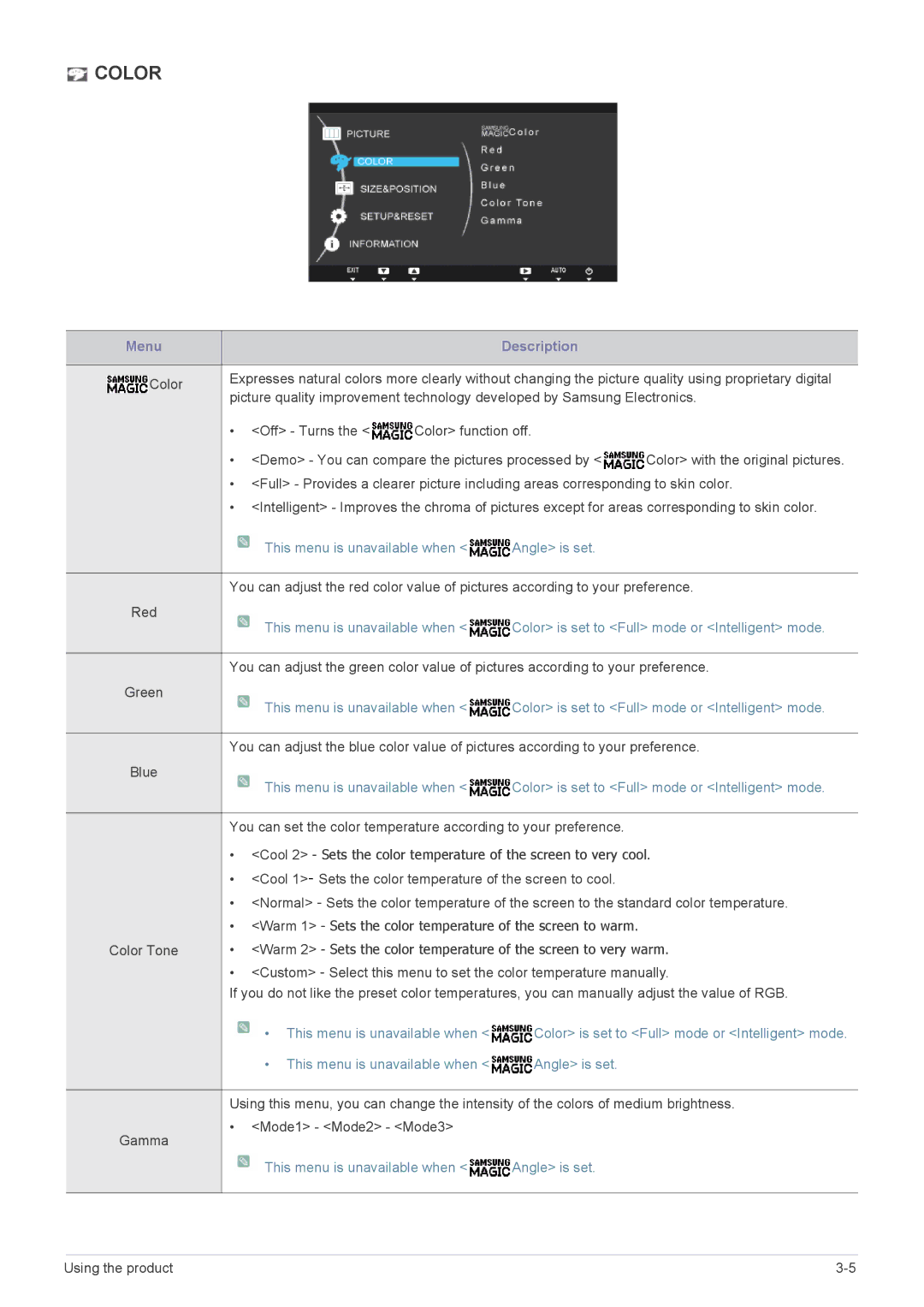 Samsung S22A460B user manual Color, This menu is unavailable when Angle is set 