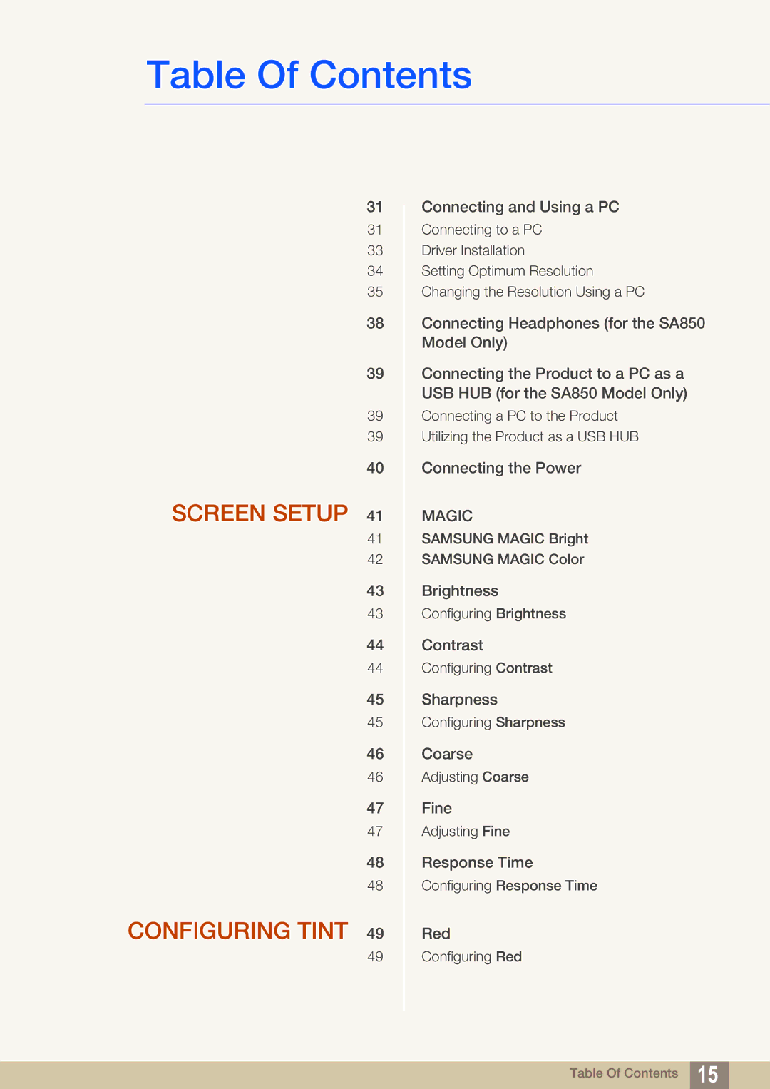 Samsung S24A650D, S22A650D, S27A650D, S24A850DW, S22C650D, S19A450BR user manual Screen Setup Configuring Tint 