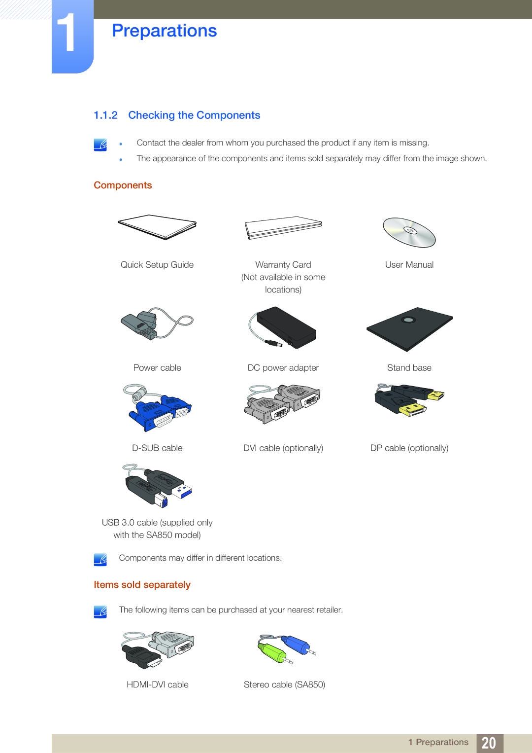 Samsung S24A850DW, S22A650D, S27A650D, S24A650D, S22C650D, S19A450BR user manual Checking the Components, Items sold separately 