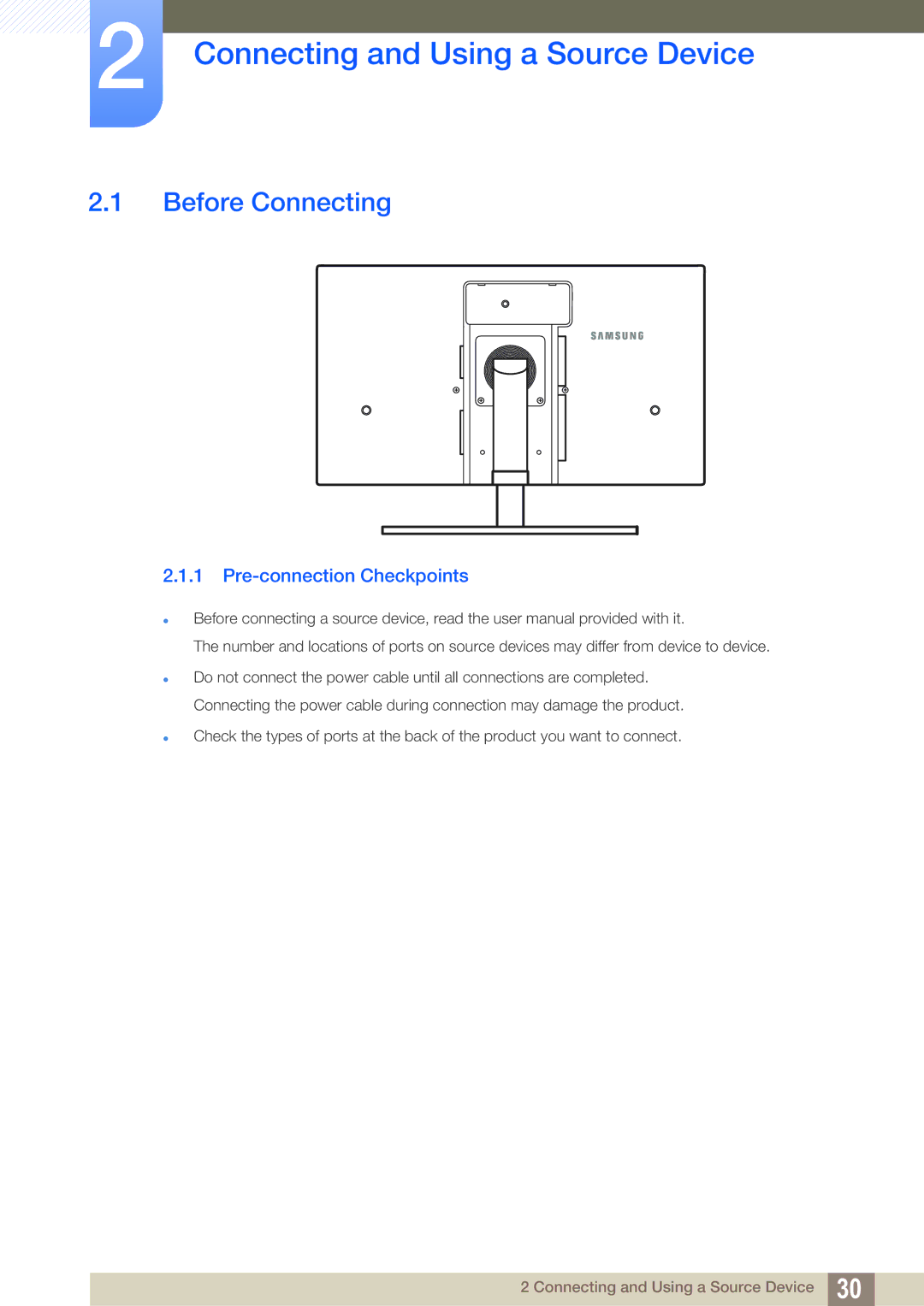 Samsung S22A650D, S27A650D, S24A850DW Connecting and Using a Source Device, Before Connecting, Pre-connection Checkpoints 