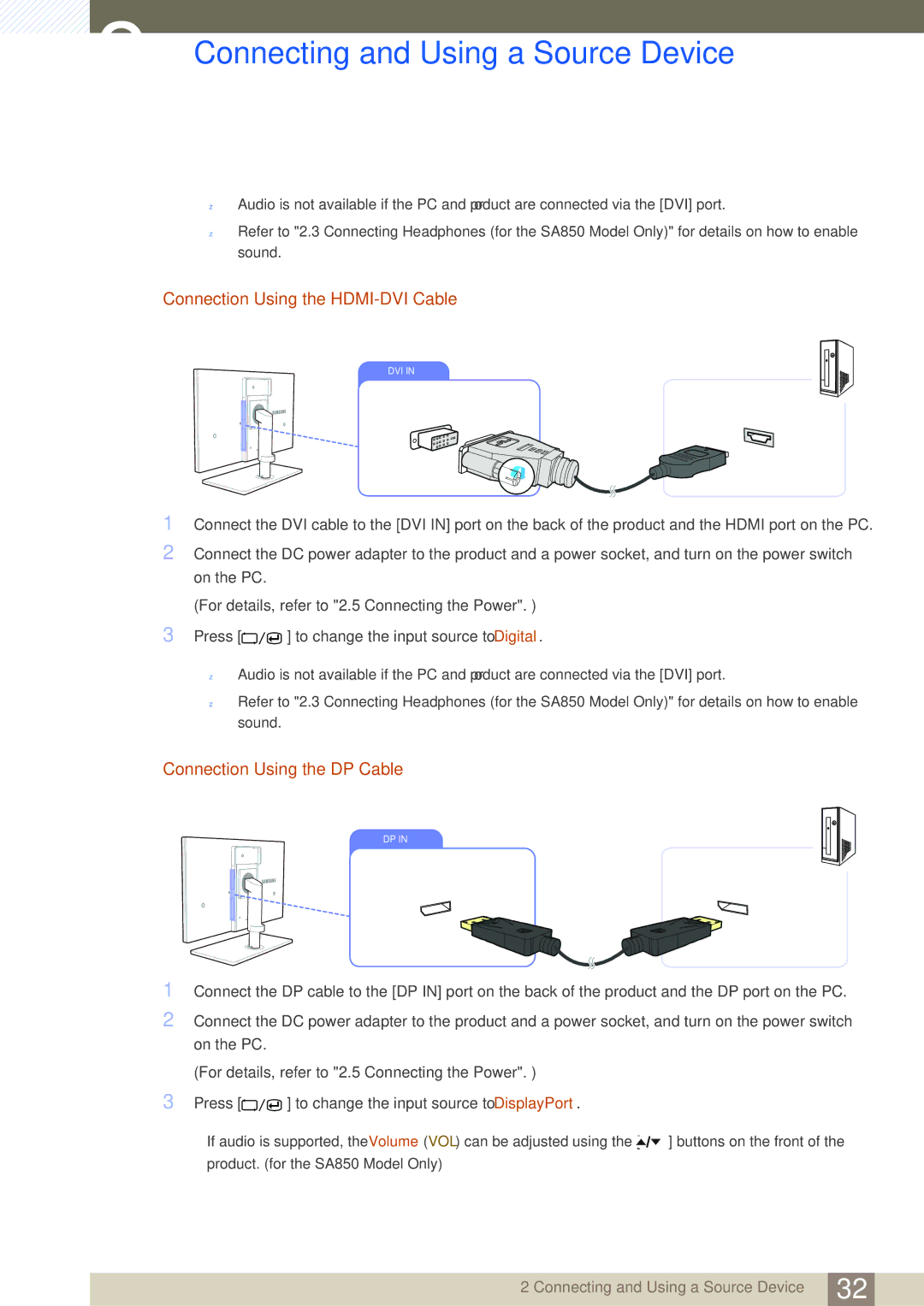 Samsung S24A850DW, S22A650D, S27A650D, S24A650D, S22C650D Connection Using the HDMI-DVI Cable, Connection Using the DP Cable 