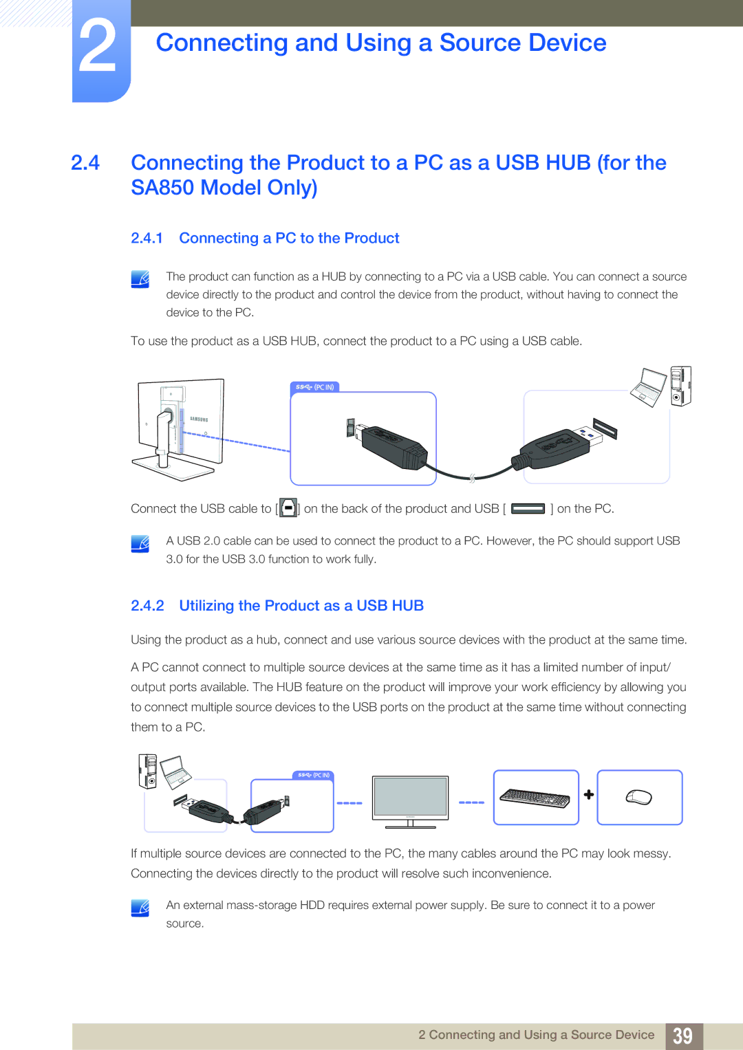 Samsung S24A650D, S22A650D, S27A650D, S24A850DW, S22C650D Connecting a PC to the Product, Utilizing the Product as a USB HUB 