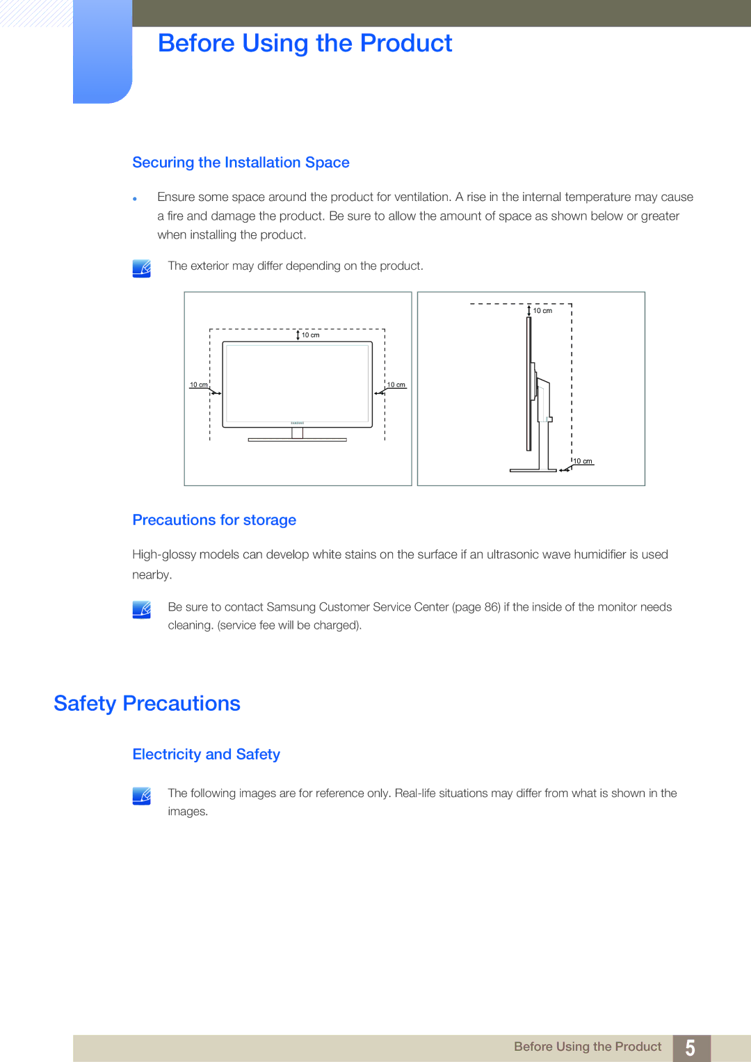 Samsung S19A450BR Safety Precautions, Securing the Installation Space, Precautions for storage, Electricity and Safety 