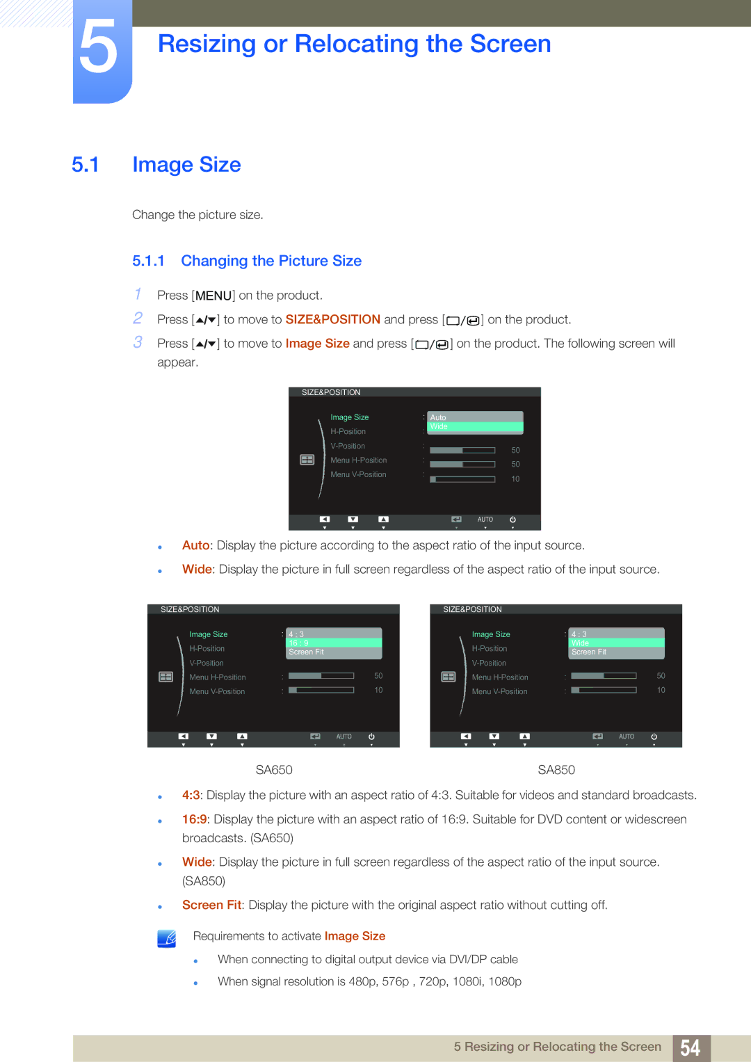 Samsung S22A650D, S27A650D, S24A850DW, S24A650D Resizing or Relocating the Screen, Image Size, Changing the Picture Size 