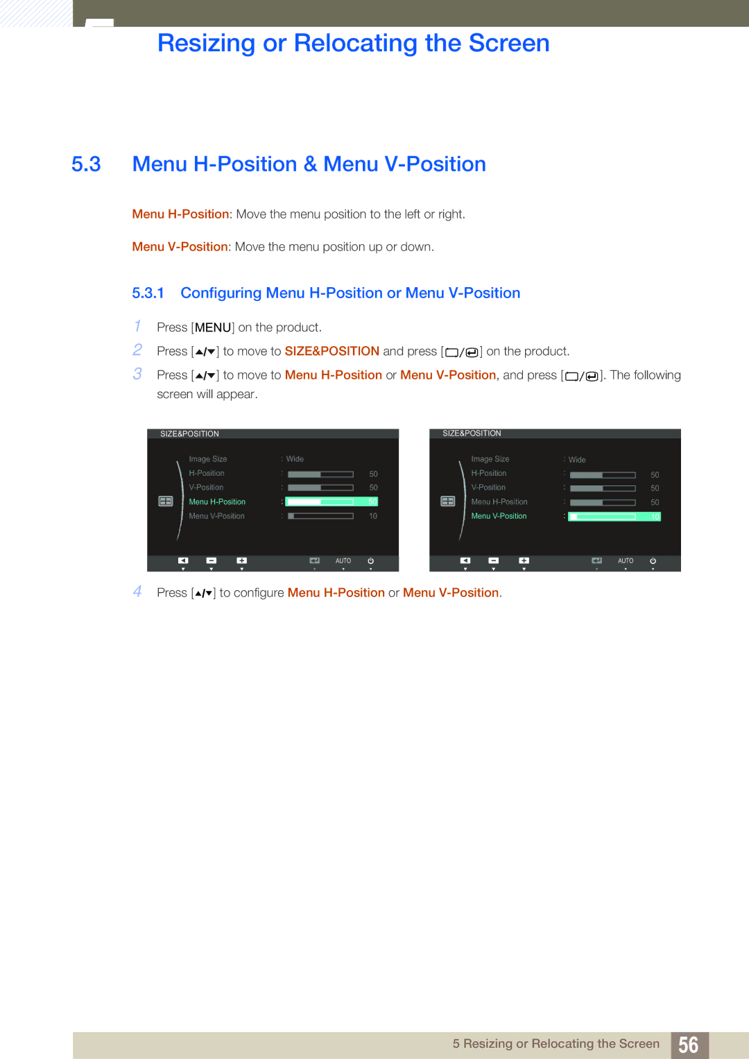 Samsung S24A850DW, S22A650D, S27A650D Menu H-Position & Menu V-Position, Configuring Menu H-Position or Menu V-Position 