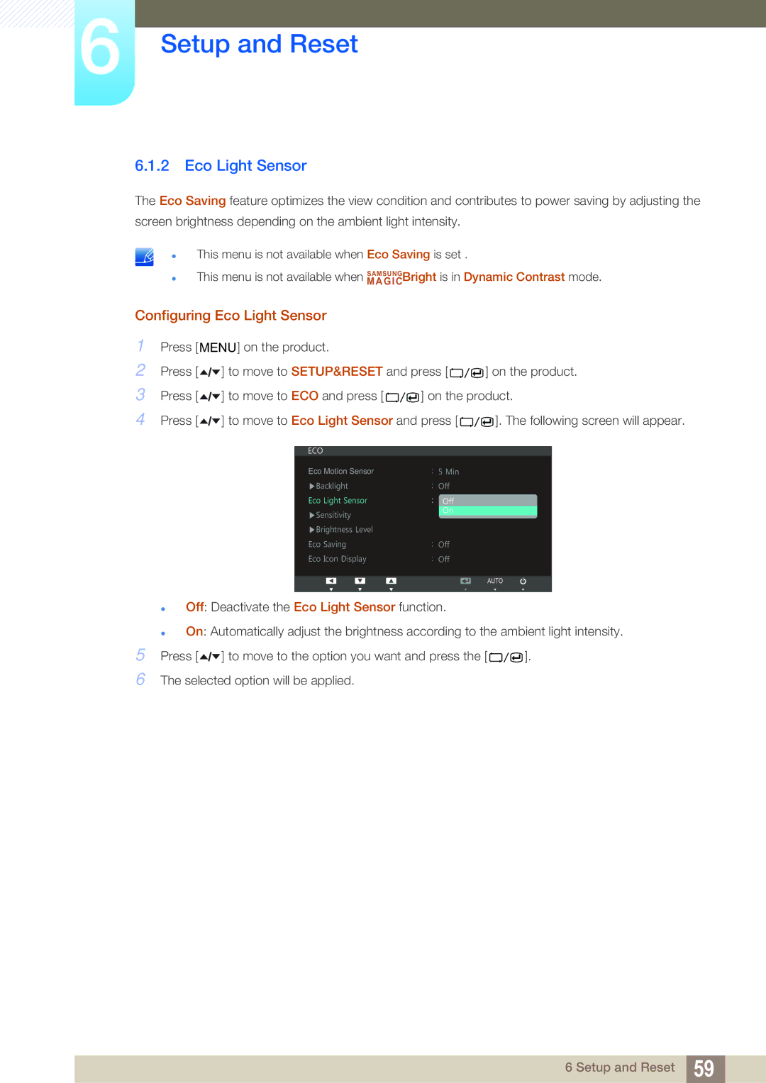 Samsung S19A450BR, S22A650D, S27A650D, S24A850DW, S24A650D, S22C650D user manual Configuring Eco Light Sensor 