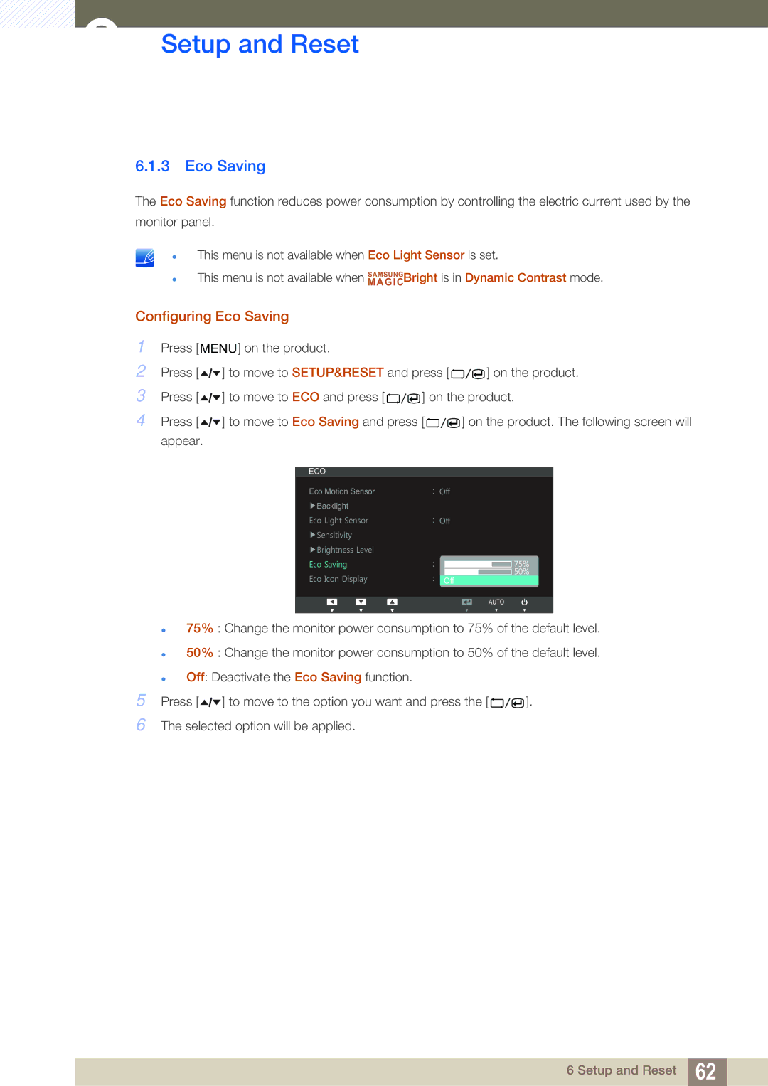 Samsung S24A850DW, S22A650D, S27A650D, S24A650D, S22C650D, S19A450BR user manual Configuring Eco Saving 