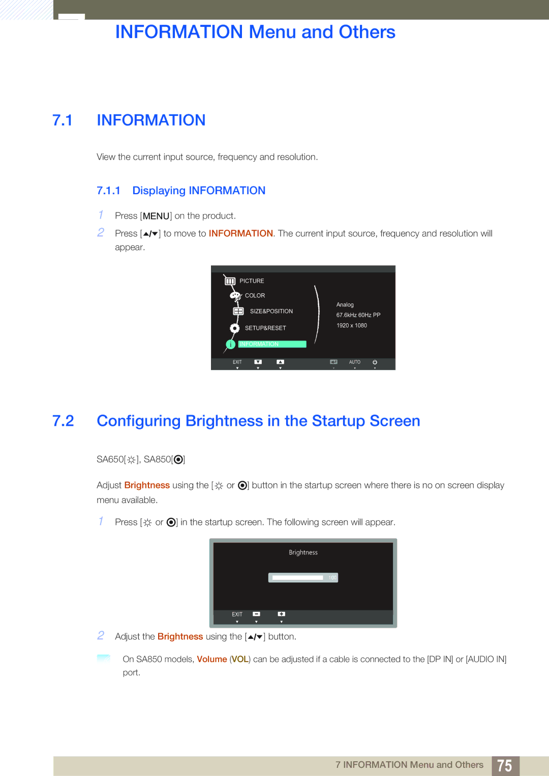 Samsung S24A650D Information Menu and Others, Configuring Brightness in the Startup Screen, Displaying Information 