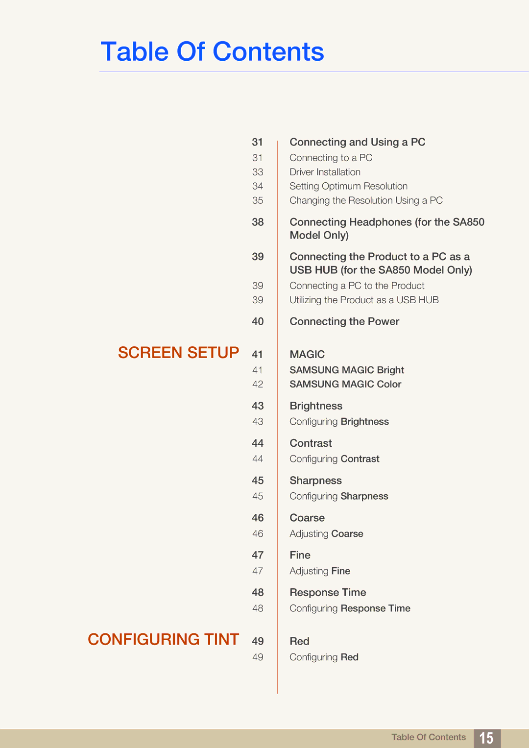 Samsung S24A650D, S22A650D, S27A650D, S24A850DW user manual Screen Setup Configuring Tint 