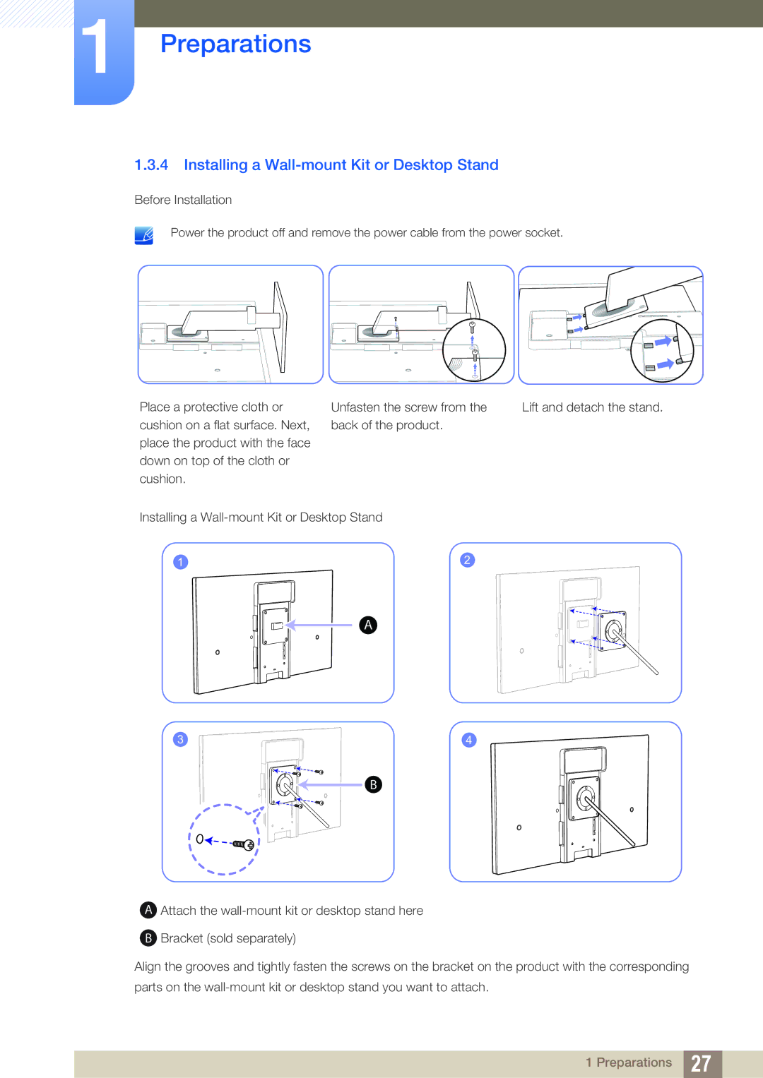 Samsung S24A650D, S22A650D, S27A650D, S24A850DW user manual Installing a Wall-mount Kit or Desktop Stand 