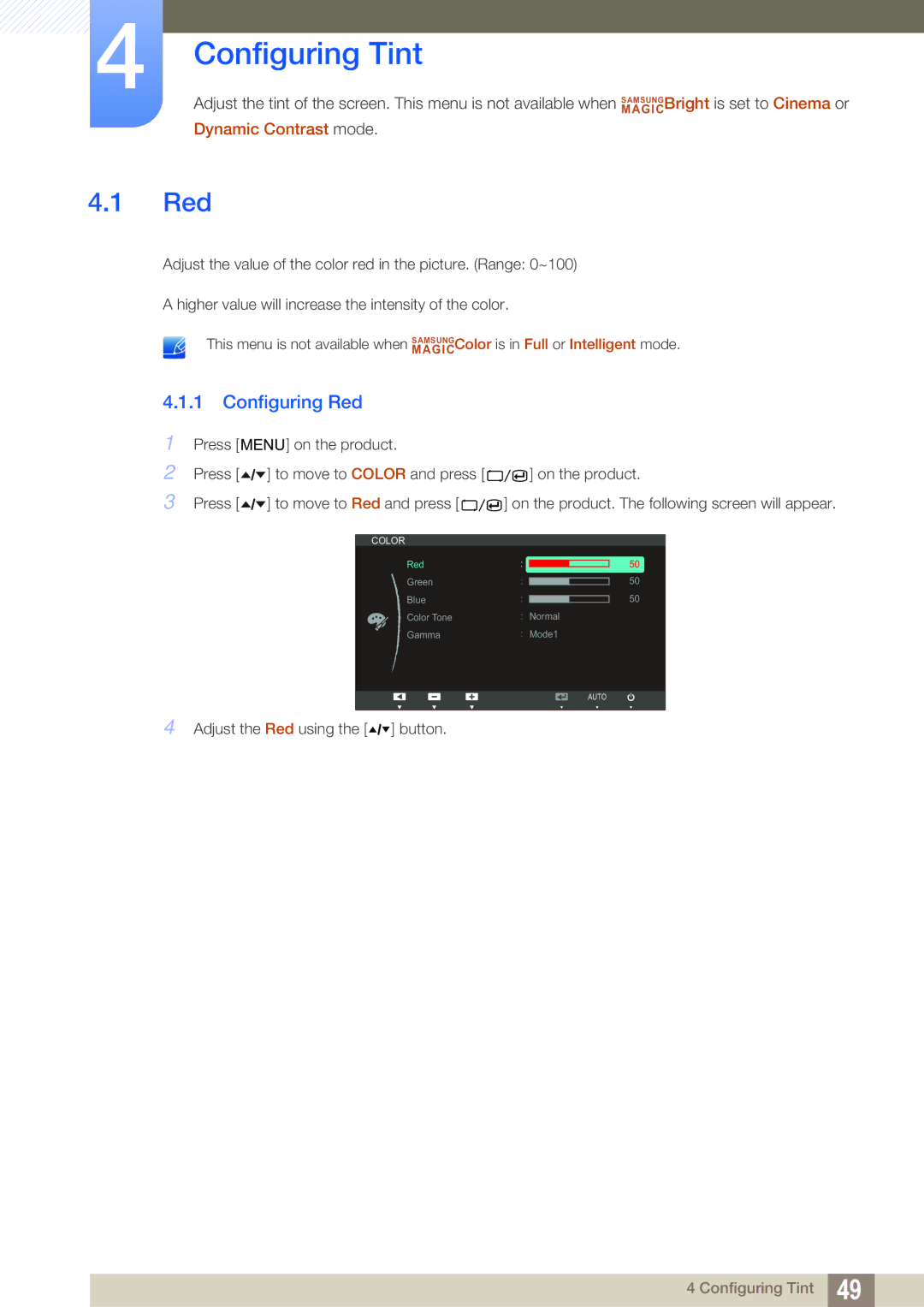 Samsung S27A650D, S22A650D, S24A850DW, S24A650D user manual Configuring Tint, Configuring Red 