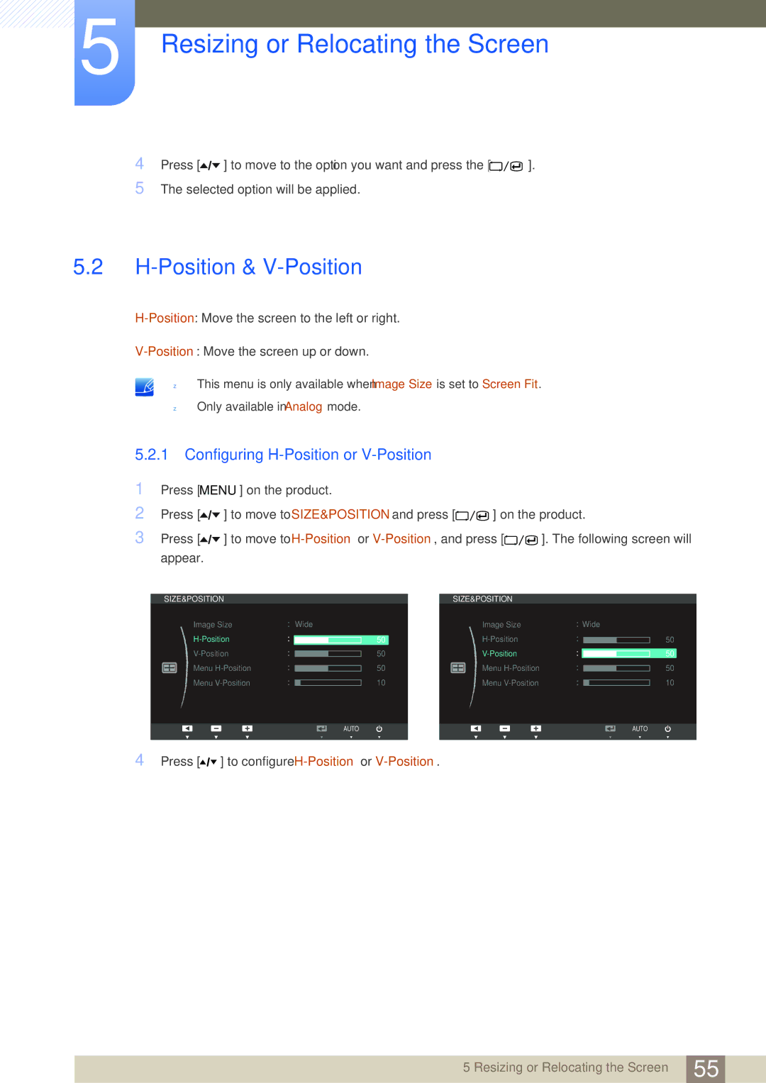 Samsung S24A650D, S22A650D, S27A650D, S24A850DW user manual Position & V-Position, Configuring H-Position or V-Position 