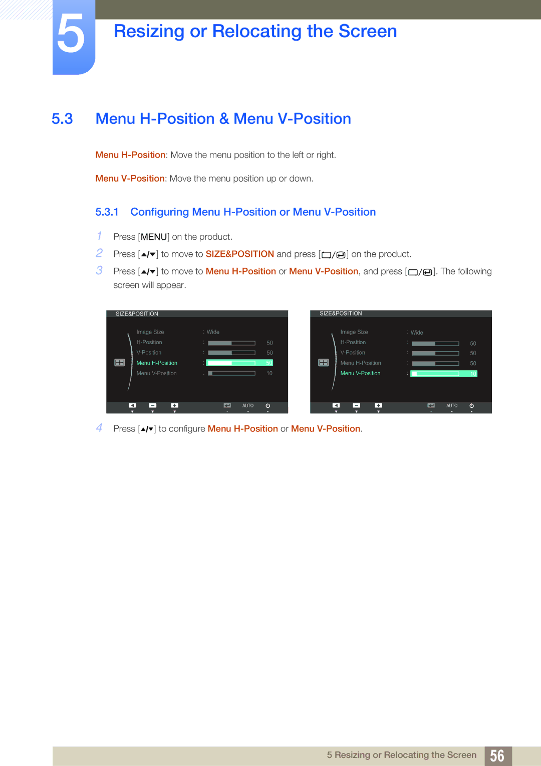 Samsung S22A650D, S27A650D, S24A850DW Menu H-Position & Menu V-Position, Configuring Menu H-Position or Menu V-Position 