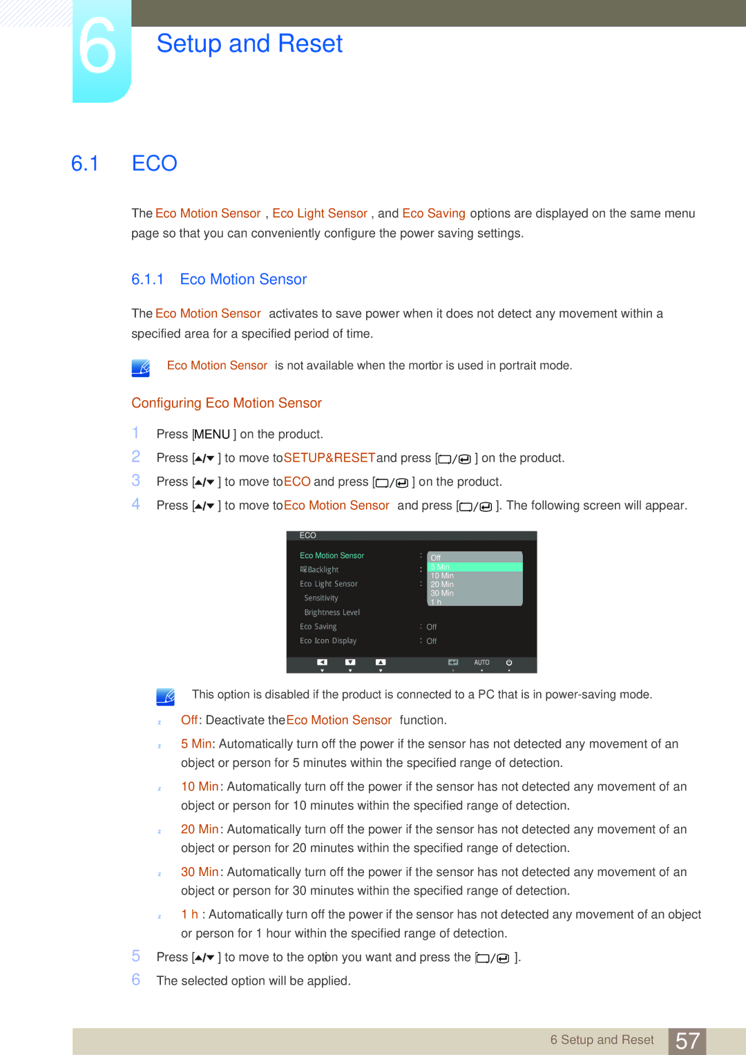 Samsung S27A650D, S22A650D, S24A850DW, S24A650D user manual Setup and Reset, Configuring Eco Motion Sensor 