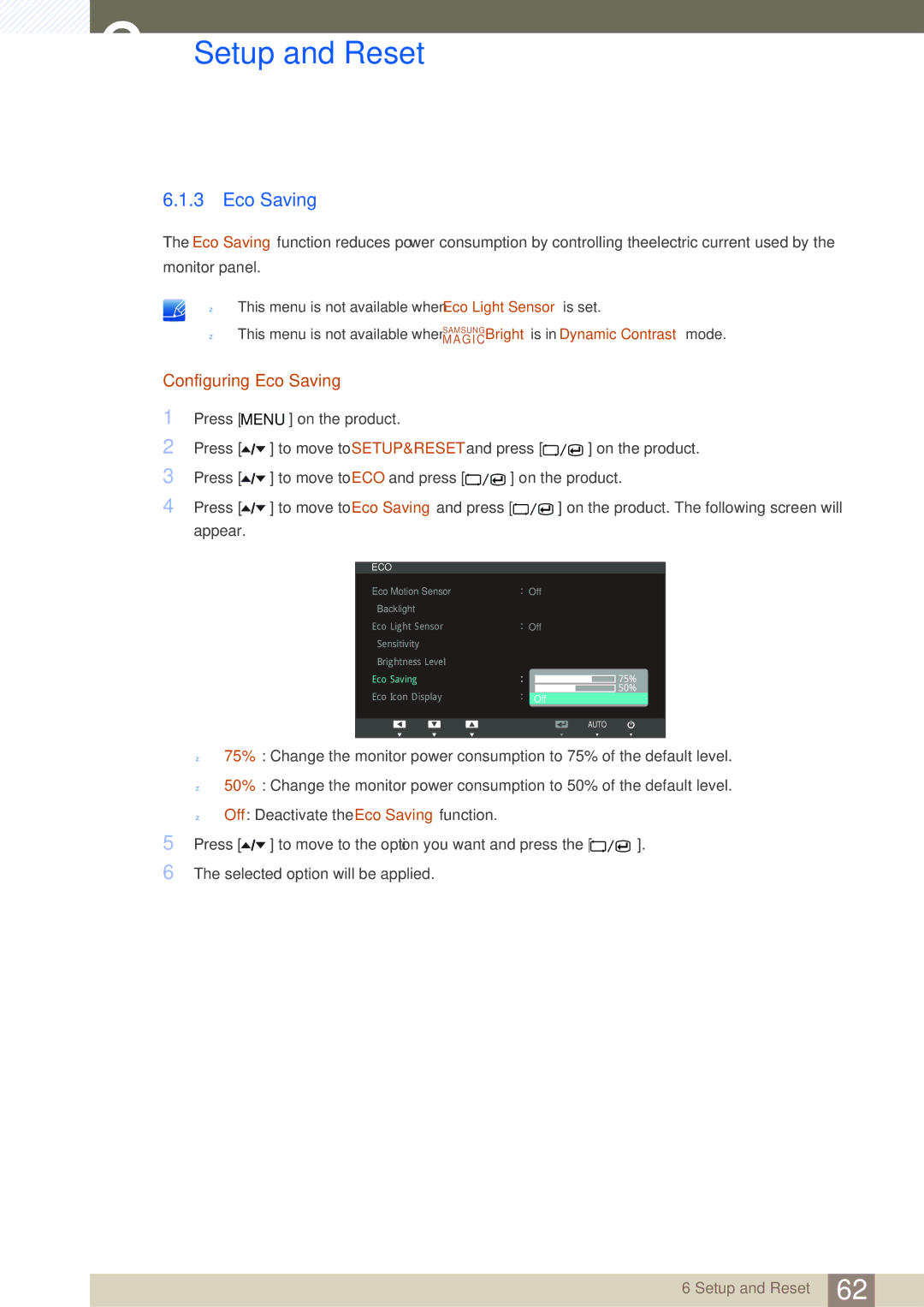 Samsung S24A850DW, S22A650D, S27A650D, S24A650D user manual Configuring Eco Saving 