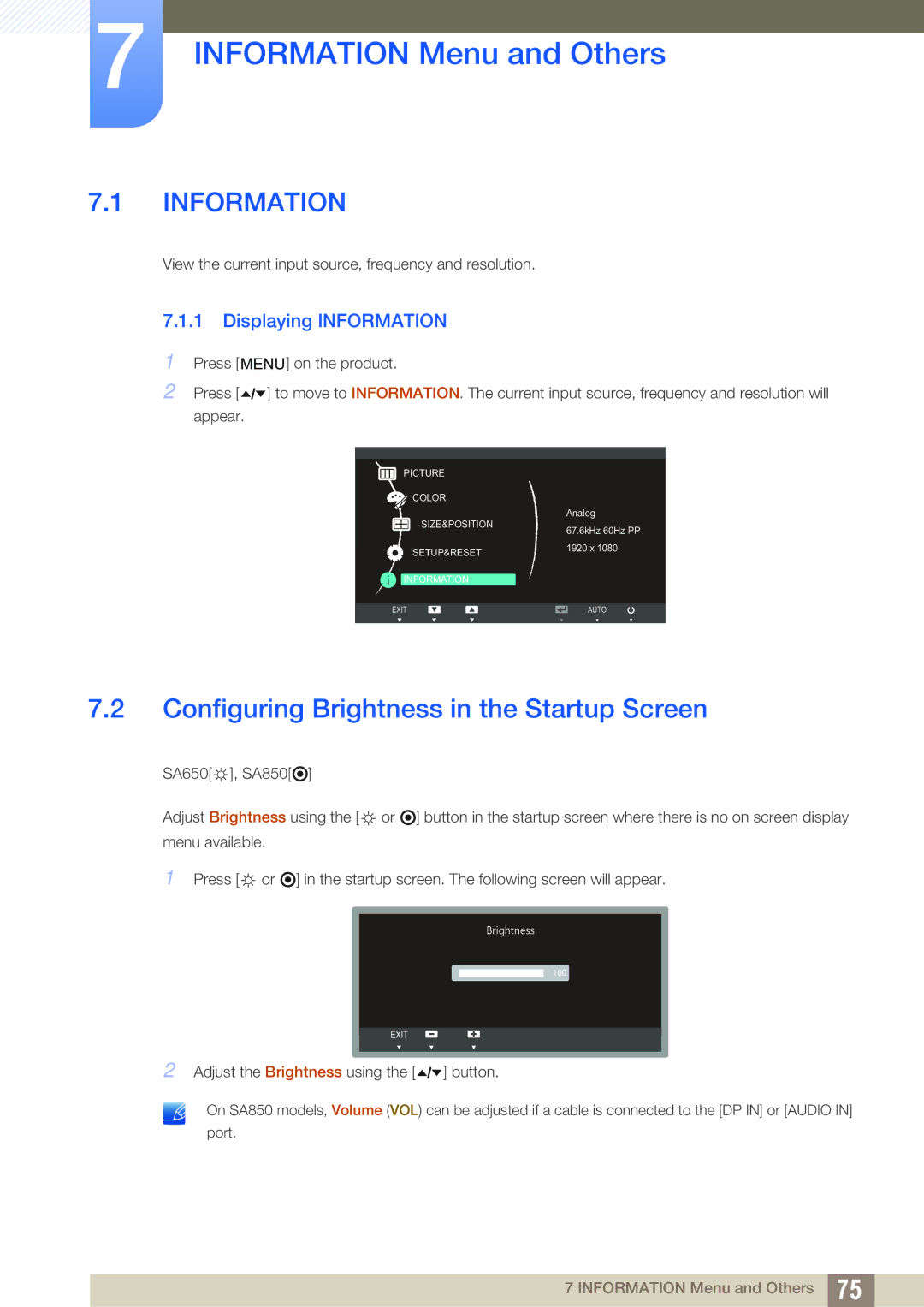 Samsung S24A650D Information Menu and Others, Configuring Brightness in the Startup Screen, Displaying Information 