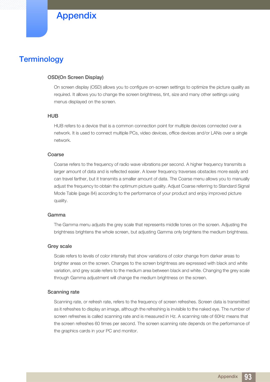 Samsung S27A650D, S22A650D, S24A850DW, S24A650D user manual Terminology, OSDOn Screen Display 