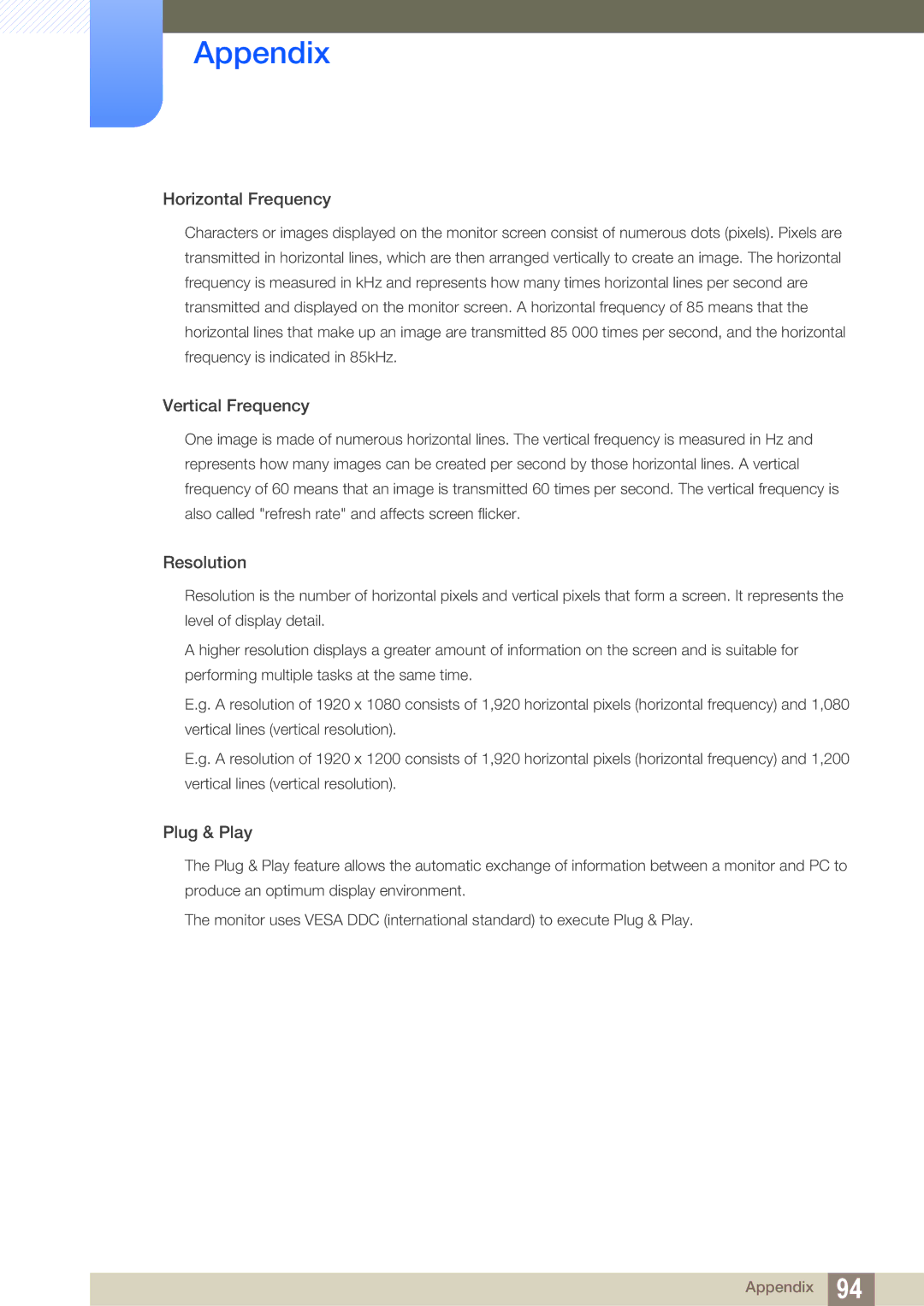 Samsung S24A850DW, S22A650D, S27A650D, S24A650D user manual Horizontal Frequency 