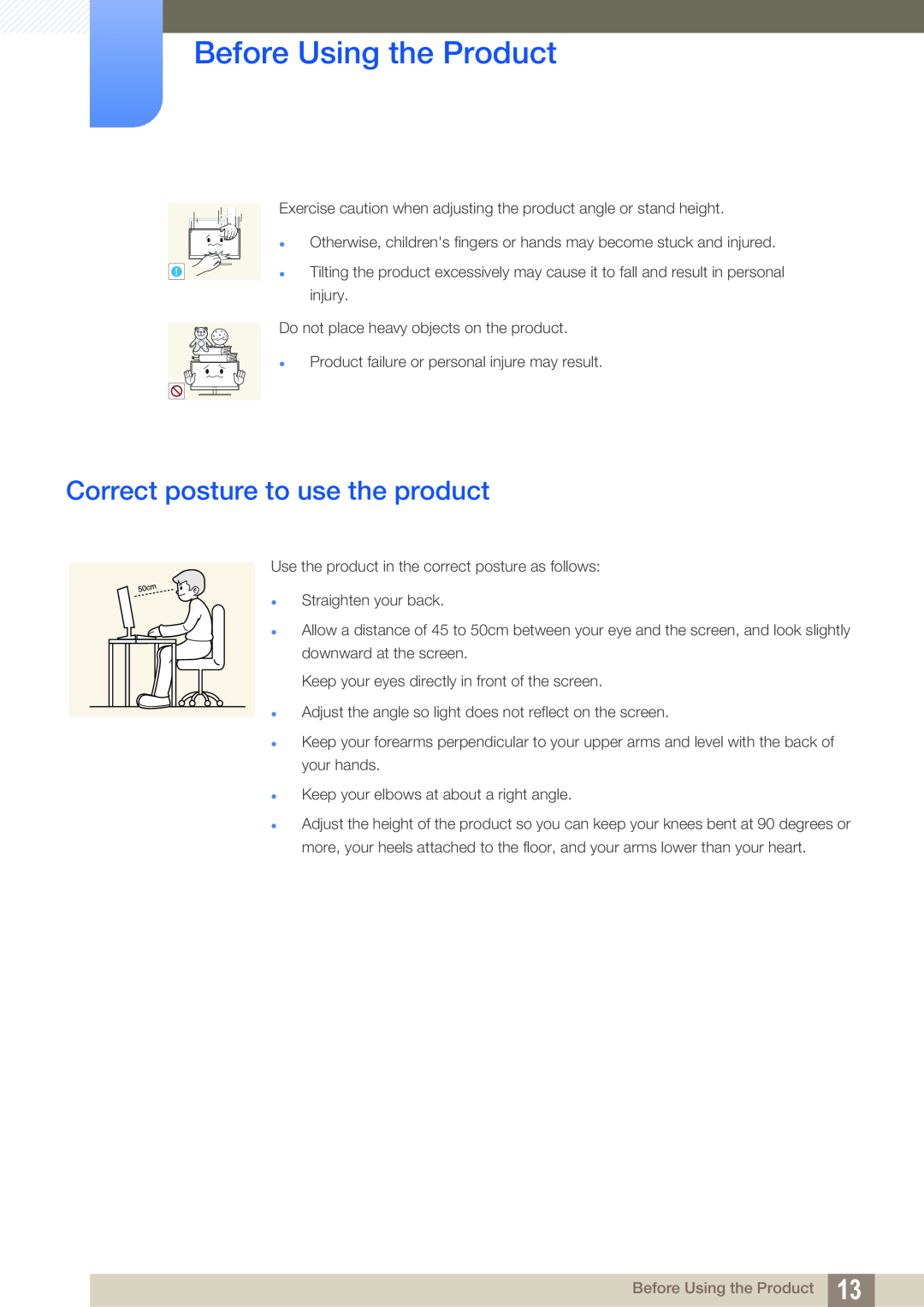 Samsung S27A650D, S22A650D, S24A850DW, S24A650D user manual Correct posture to use the product, Before Using the Product 