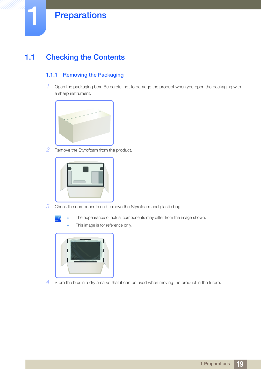 Samsung S24A650D, S22A650D, S27A650D, S24A850DW user manual Preparations, Checking the Contents, Removing the Packaging 