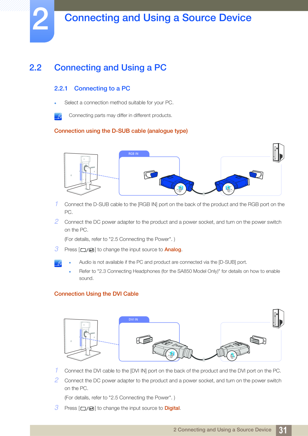 Samsung S24A650D, S22A650D, S27A650D Connecting and Using a PC, Connecting to a PC, Connecting and Using a Source Device 