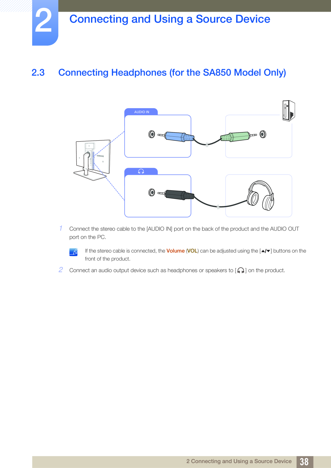 Samsung S24A850DW, S22A650D, S27A650D Connecting Headphones for the SA850 Model Only, Connecting and Using a Source Device 