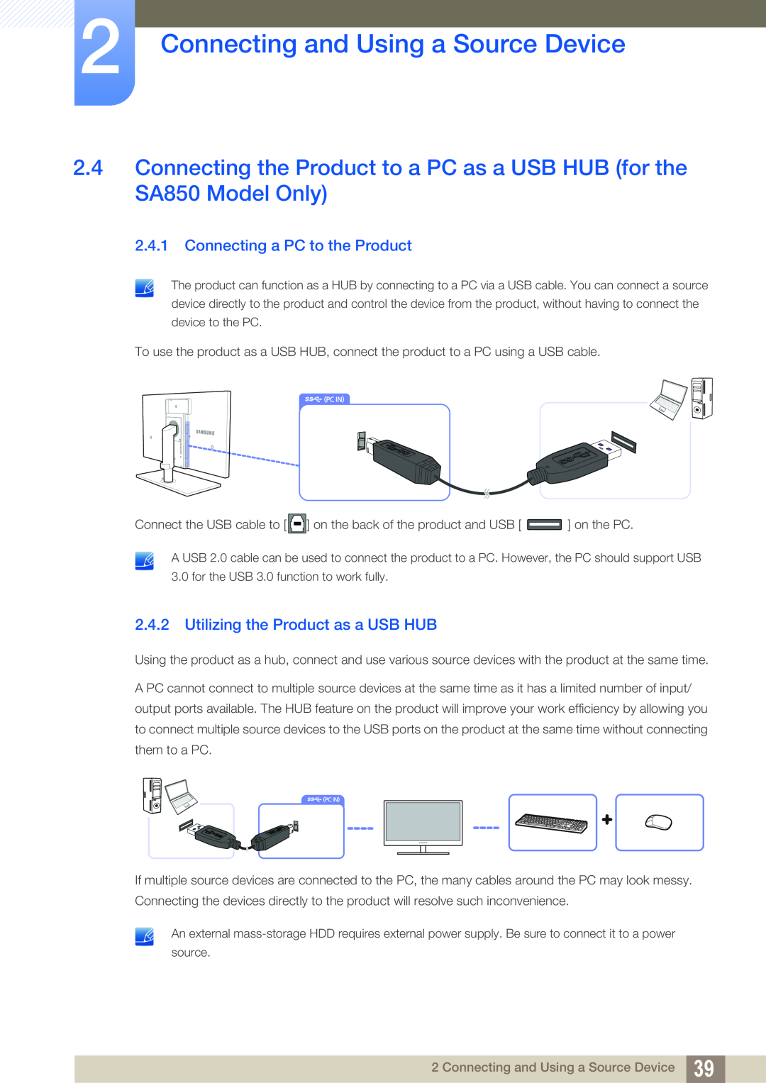 Samsung S24A650D Connecting a PC to the Product, Utilizing the Product as a USB HUB, Connecting and Using a Source Device 
