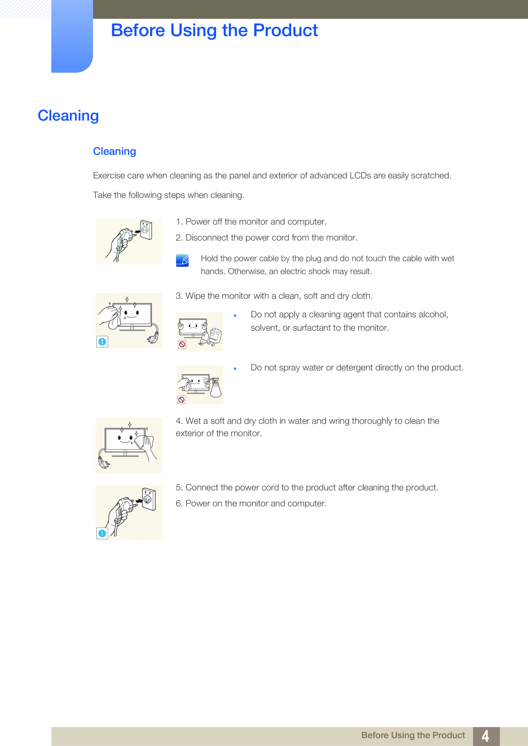 Samsung S22A650D, S27A650D, S24A850DW, S24A650D user manual Cleaning, Before Using the Product 