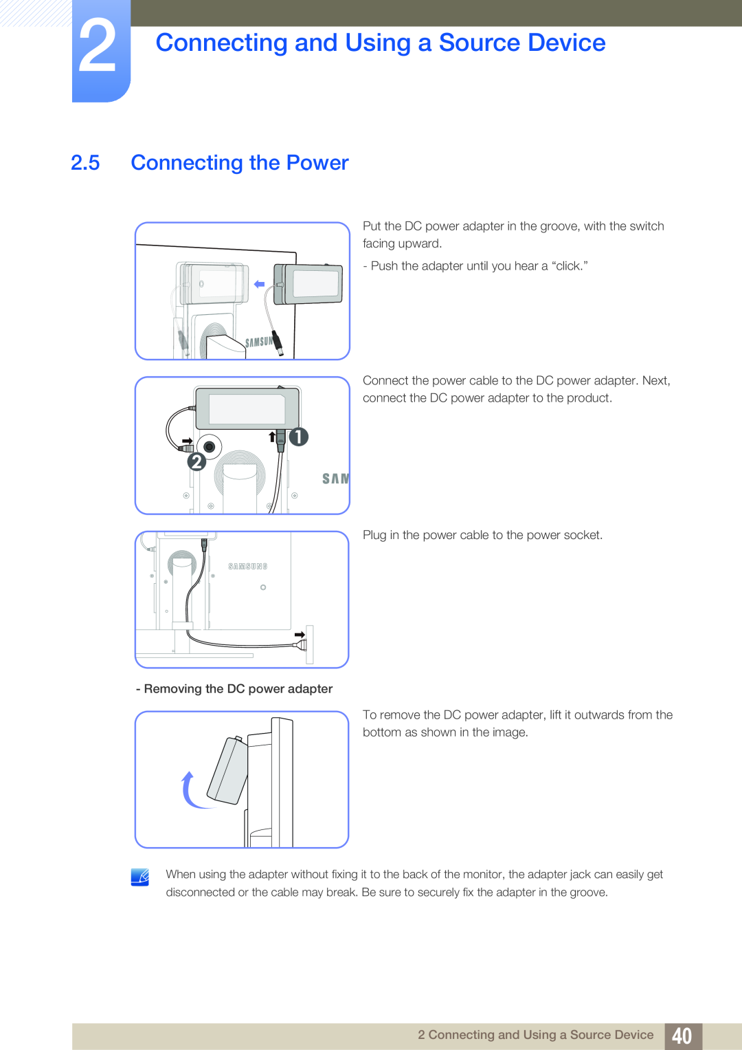 Samsung S22A650D, S27A650D, S24A850DW, S24A650D user manual Connecting the Power, Connecting and Using a Source Device 