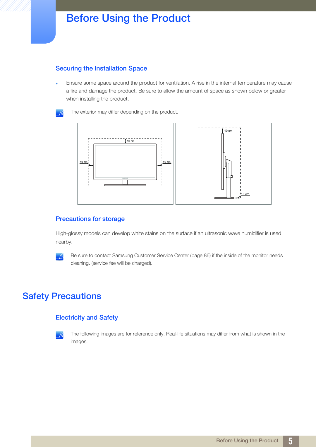 Samsung S27A650D Safety Precautions, Securing the Installation Space, Precautions for storage, Electricity and Safety 