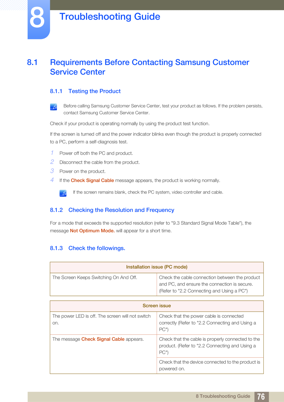 Samsung S22A650D Troubleshooting Guide, Requirements Before Contacting Samsung Customer Service Center, Screen issue 
