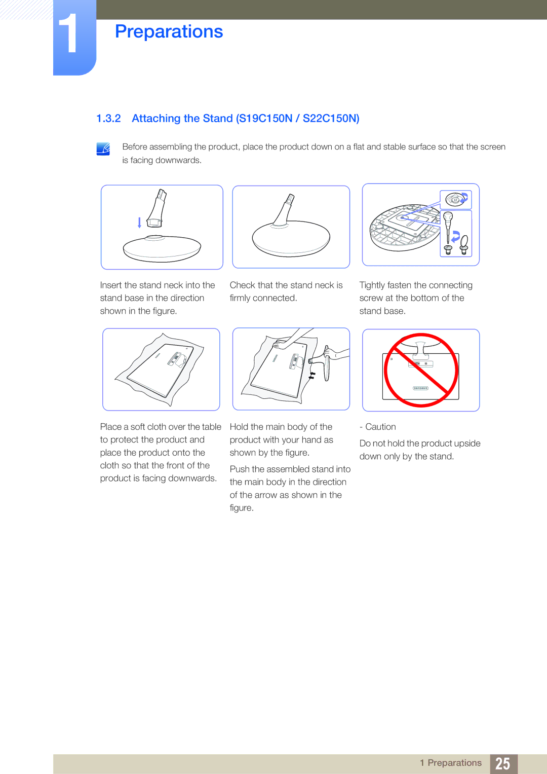 Samsung S22B150N user manual Attaching the Stand S19C150N / S22C150N 