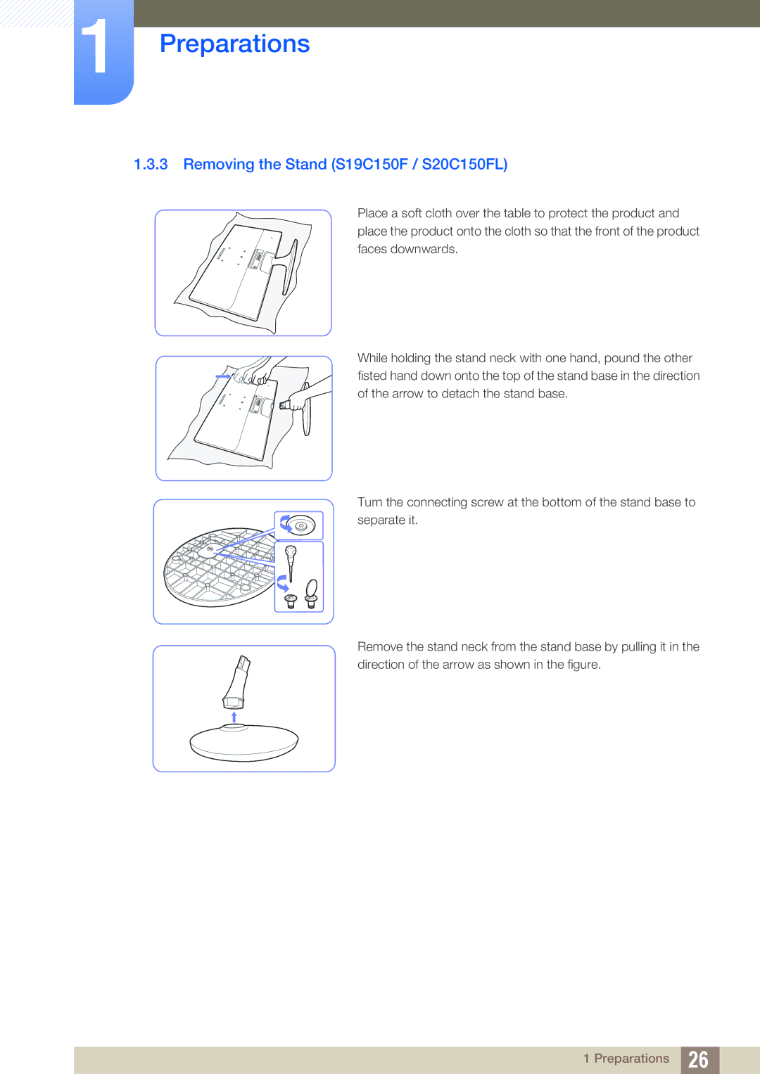 Samsung S22B150N, S22C150N user manual Removing the Stand S19C150F / S20C150FL 