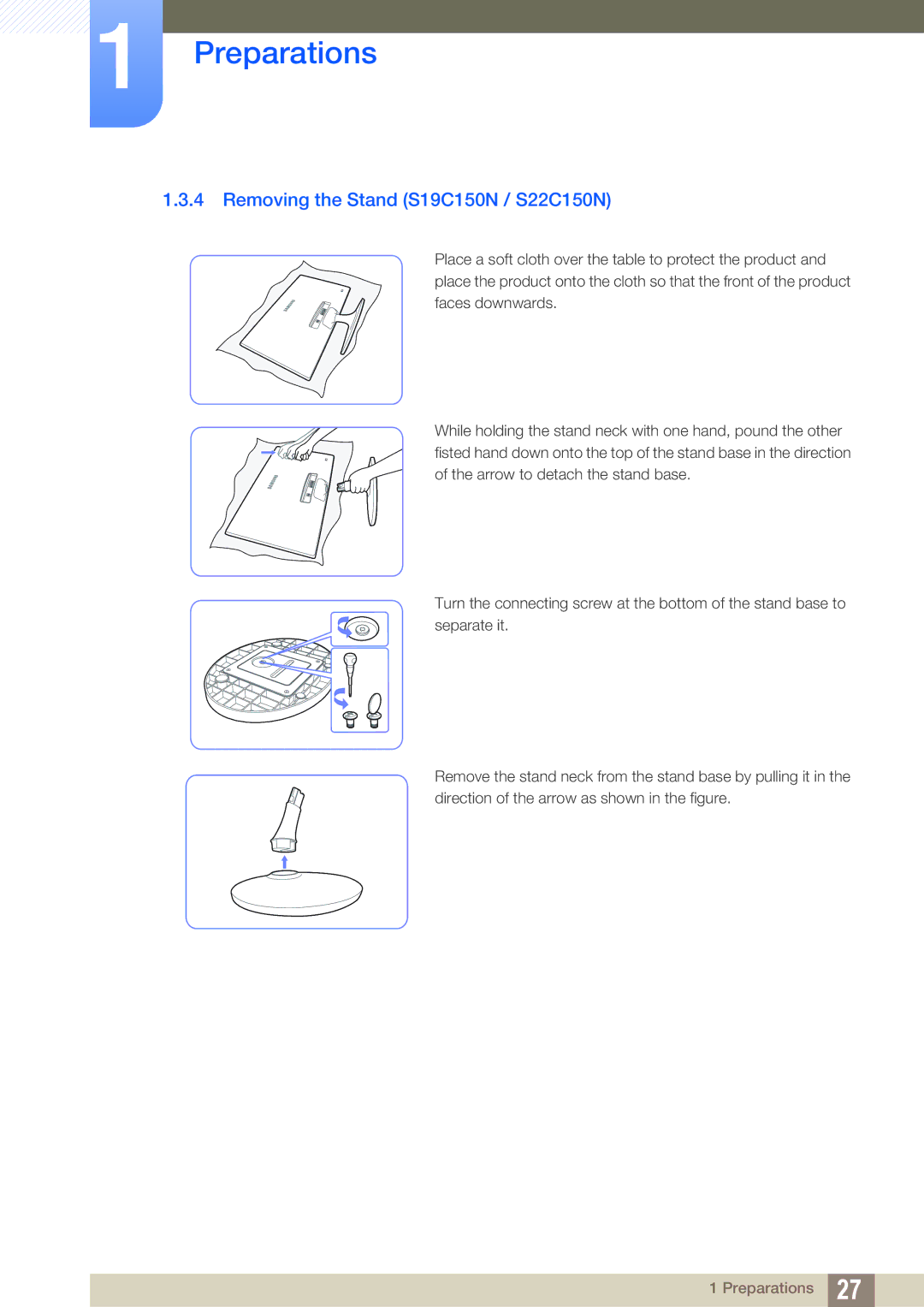 Samsung S22B150N user manual Removing the Stand S19C150N / S22C150N 