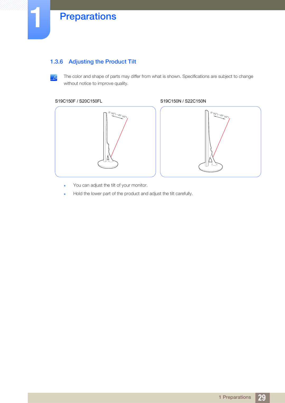 Samsung S22C150N, S22B150N user manual Adjusting the Product Tilt 