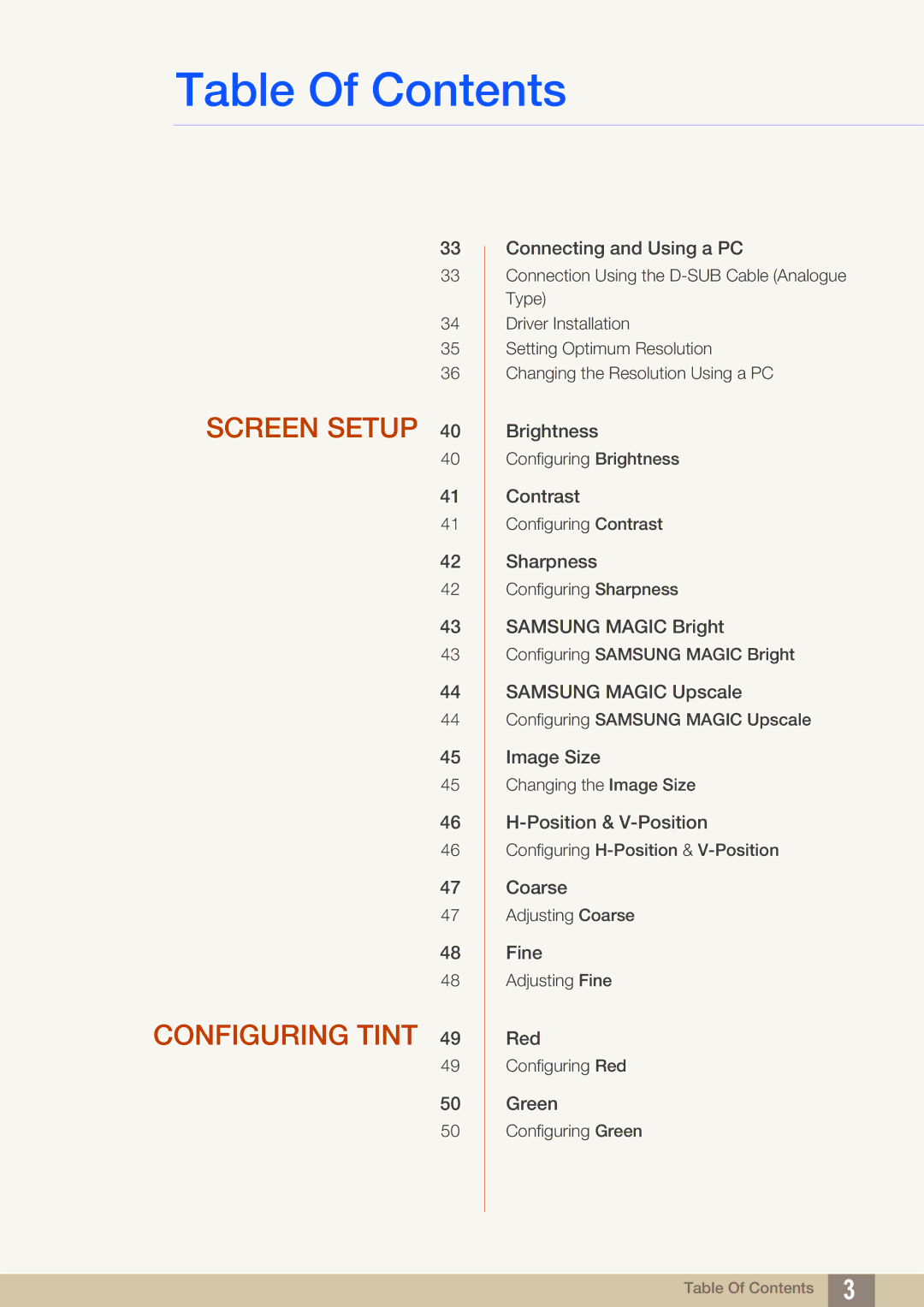 Samsung S22C150N, S22B150N user manual Screen Setup Configuring Tint 