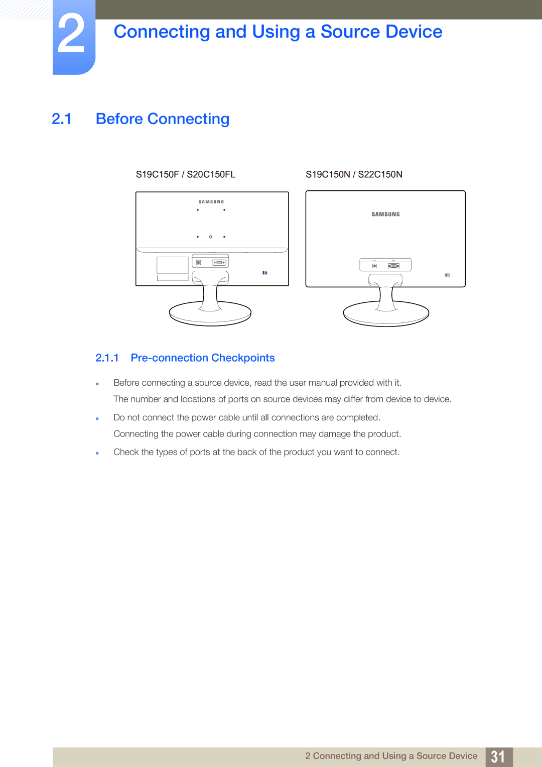 Samsung S22C150N, S22B150N user manual Connecting and Using a Source Device, Before Connecting, Pre-connection Checkpoints 