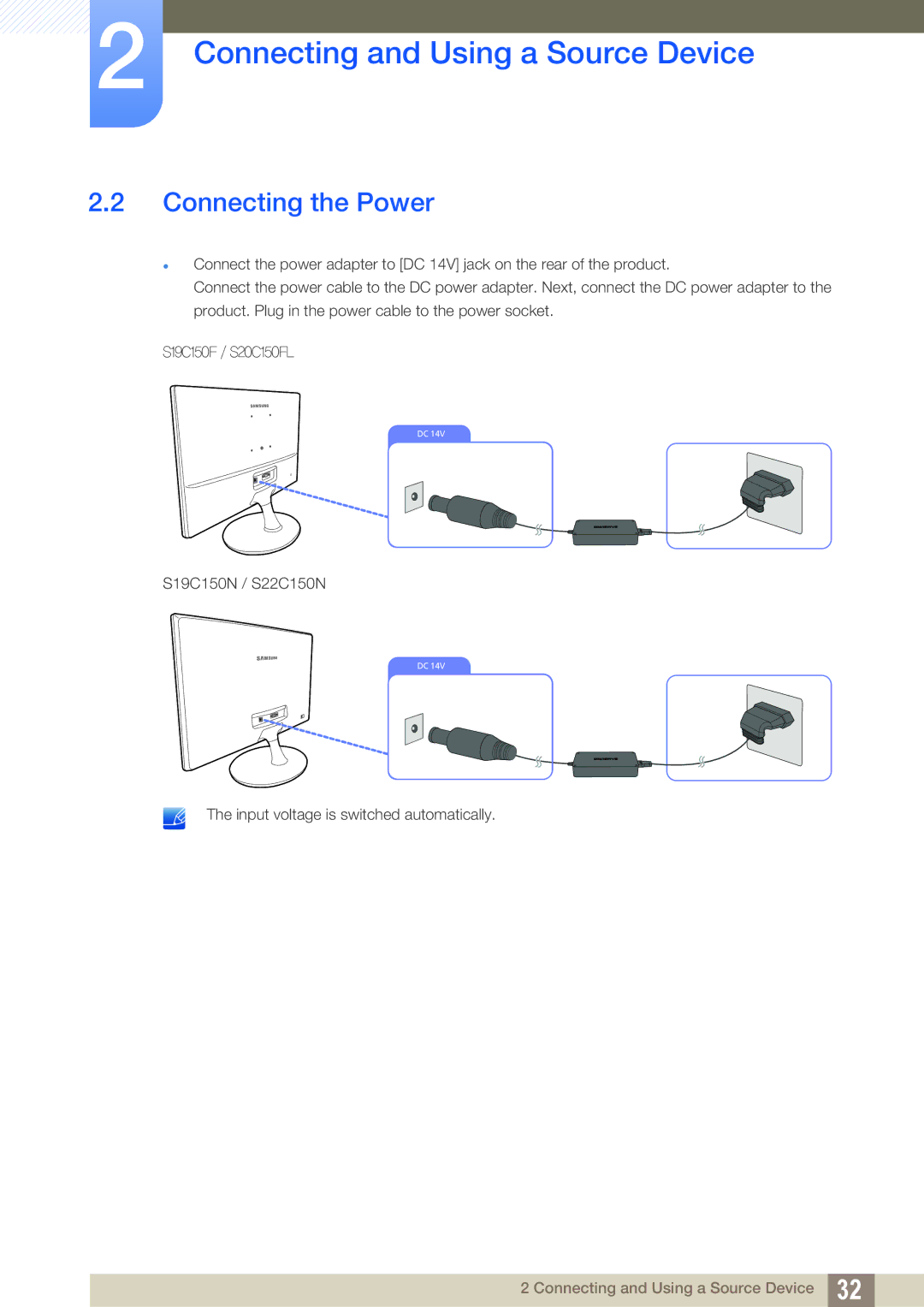 Samsung S22B150N, S22C150N user manual Connecting the Power 